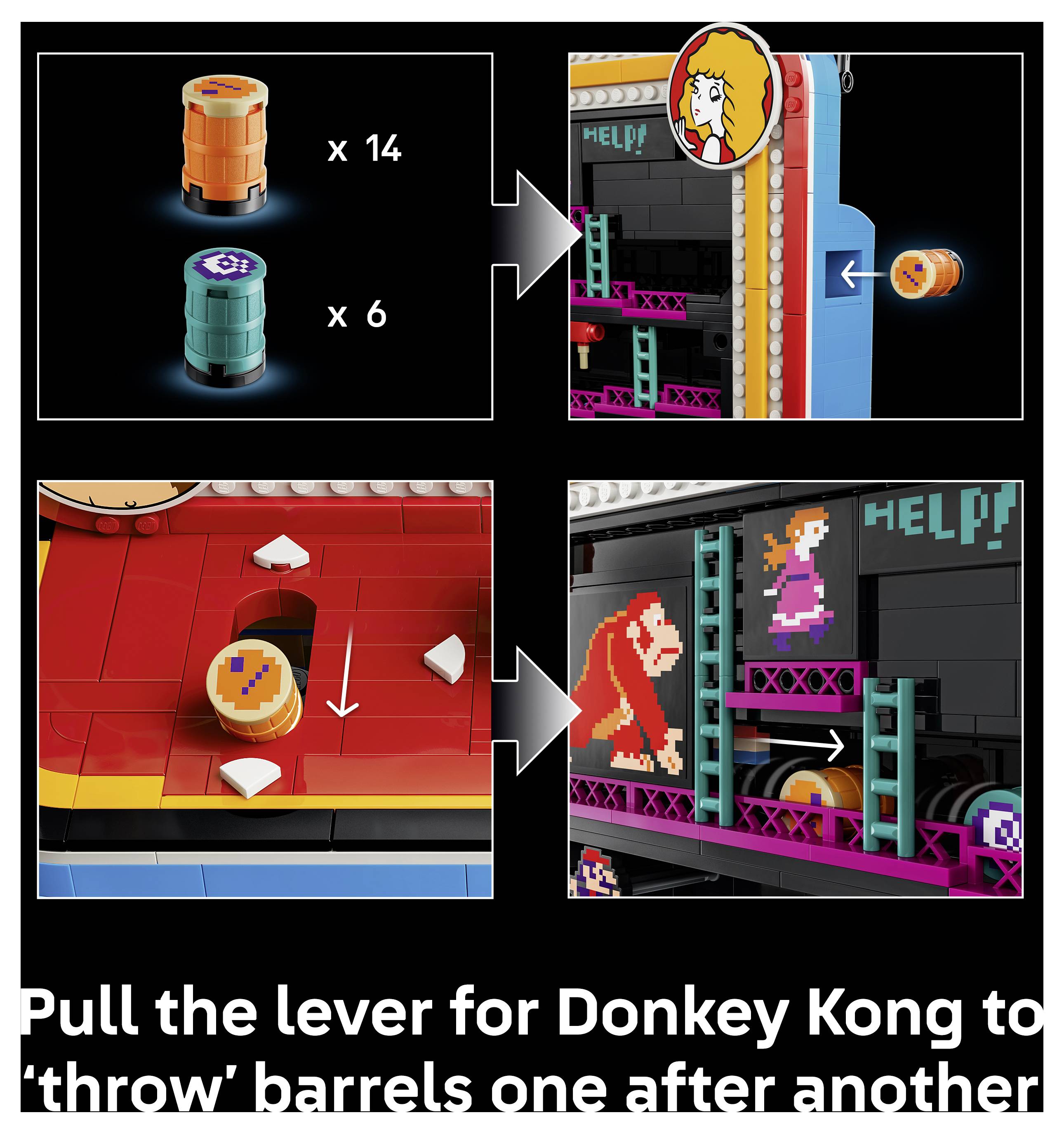 LEGO Donkey Kong-Set Anleitung mit erforderlichen Teilen und Hebelmechanismus, um Donkey Kong Fässer „werfen