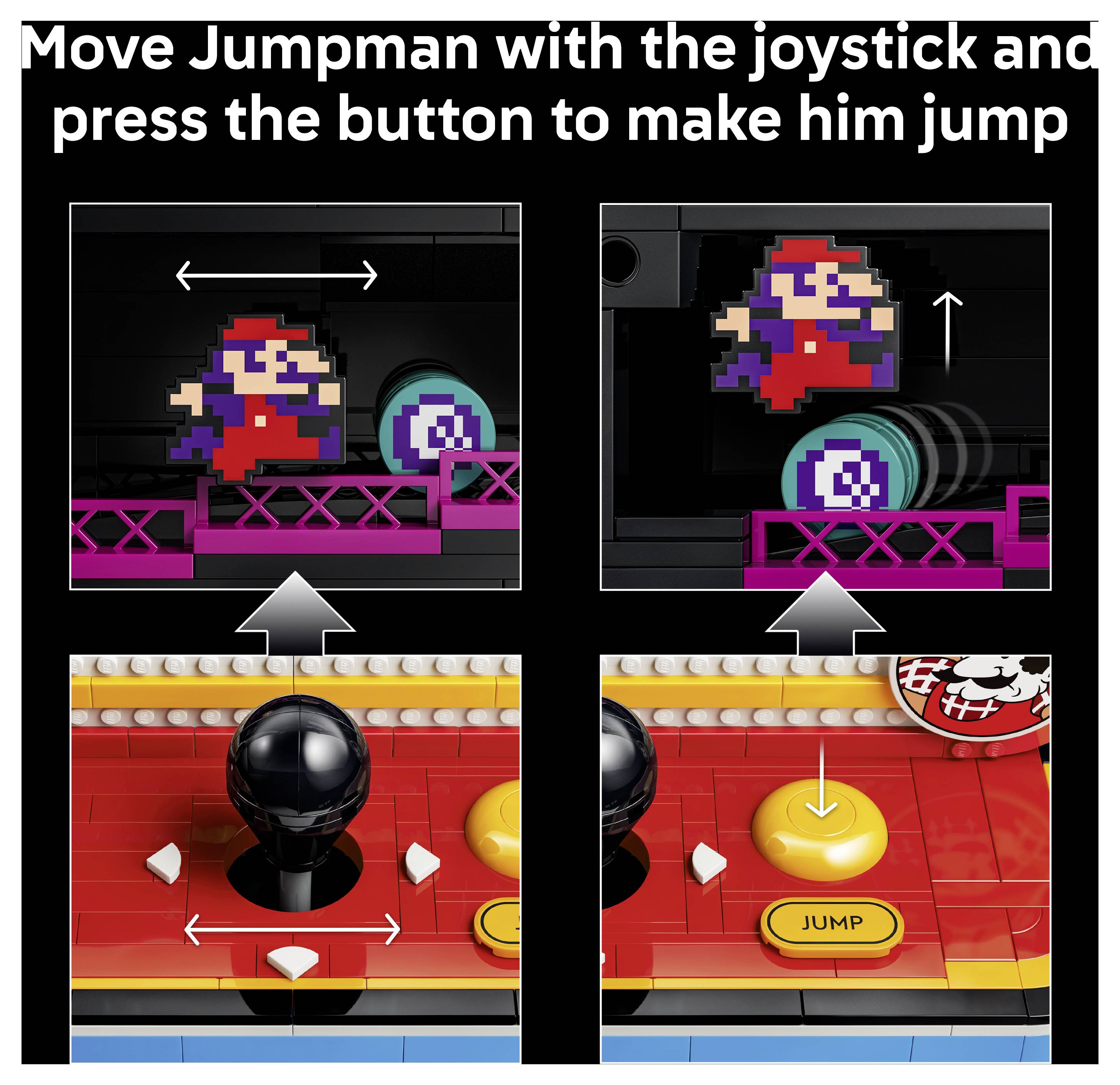 Anweisungen zeigen, wie man Jumpman mit einem Joystick bewegt und die Schaltfläche „JUMP