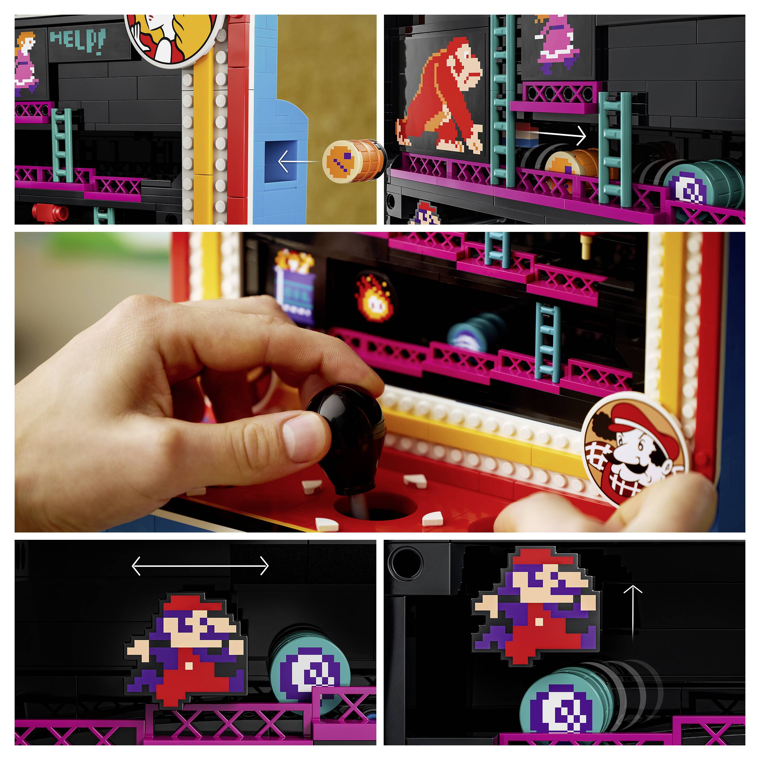 Hände bedienen einen Joystick an einem LEGO-Arcade-Automat, während Pixel-Art-Spielbildschirme eine rote Figur, einen Ball und Power-Up-Symbole zeigen.