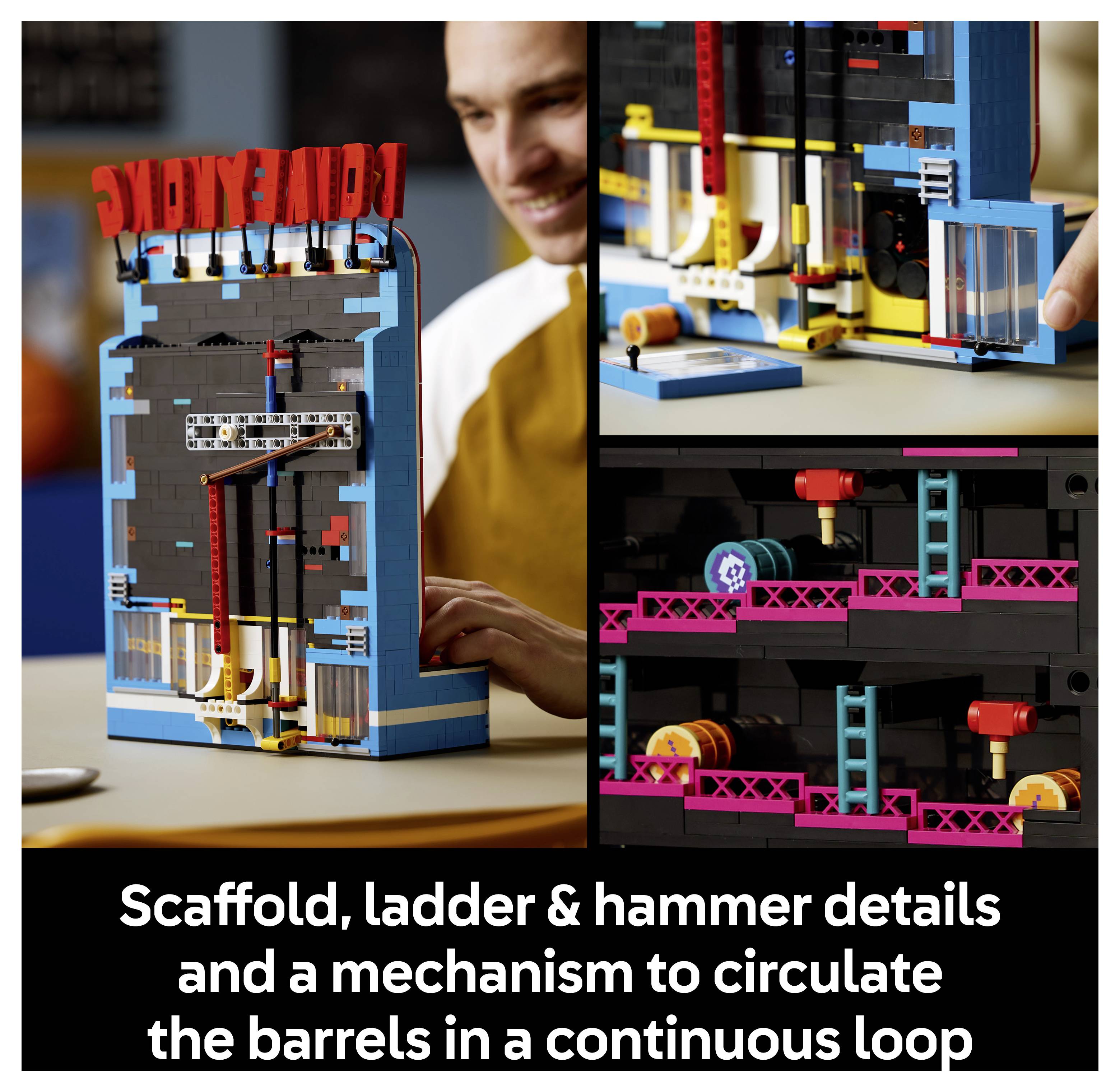 LEGO-ähnliches Turmmodell mit Gerüsten, Leiter und Hammermechanismus; Etiketten erklären eine kontinuierliche Fasszirkulationsschleife.