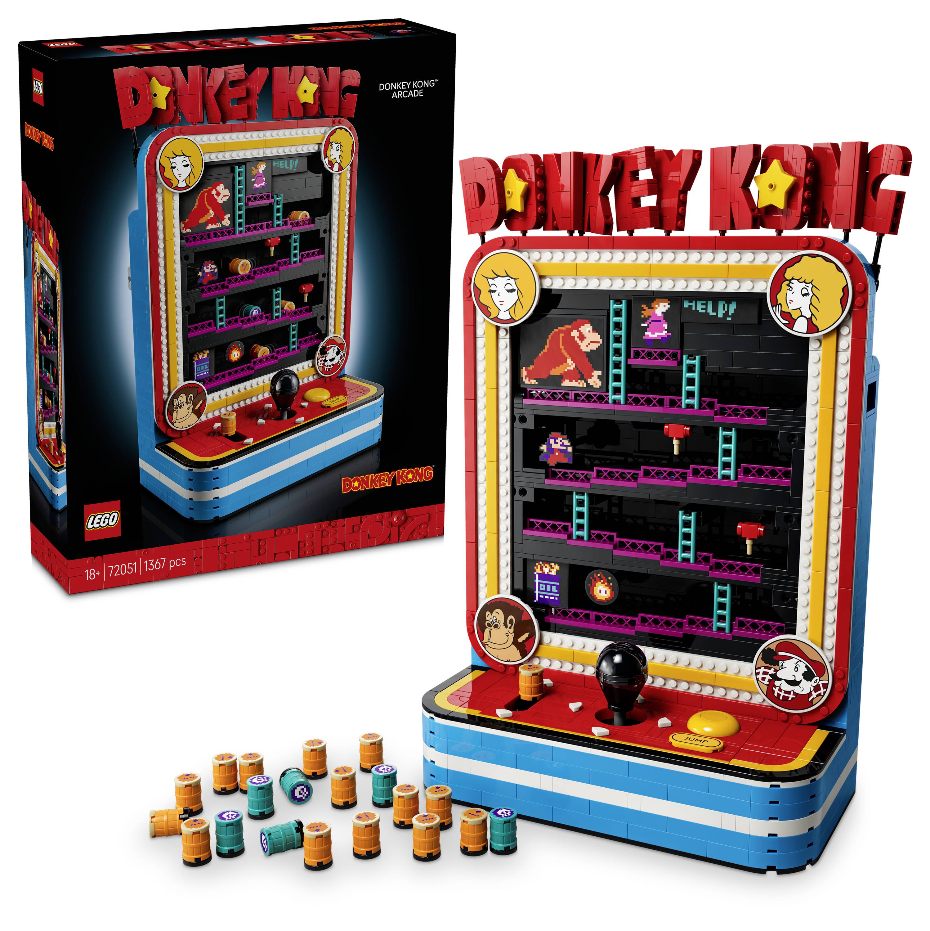 LEGO Donkey Kong Arcade-Anzeigemodell mit Retro-Spielbildschirm, rotem Titelschild, Joystick, Knöpfen und kleinen Fässteilen neben der Schachtel.