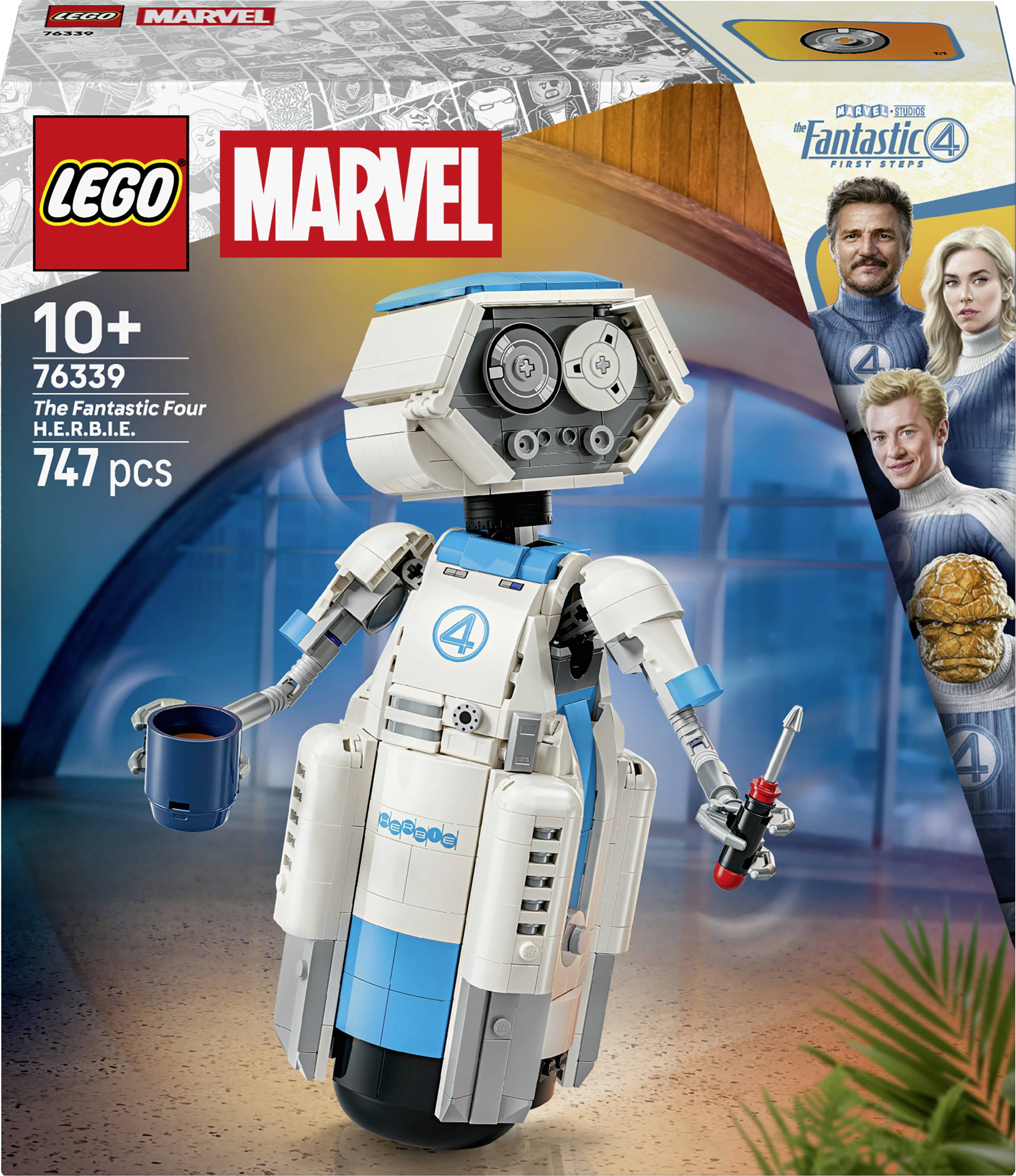 LEGO Marvel Die Fantastischen Vier H.E.R.B.I.E. Set-Schachtelbild, zeigt die weiß-blaue Roboter-Minifigur, ab 10 Jahren, 747 Teile, Set 76339.