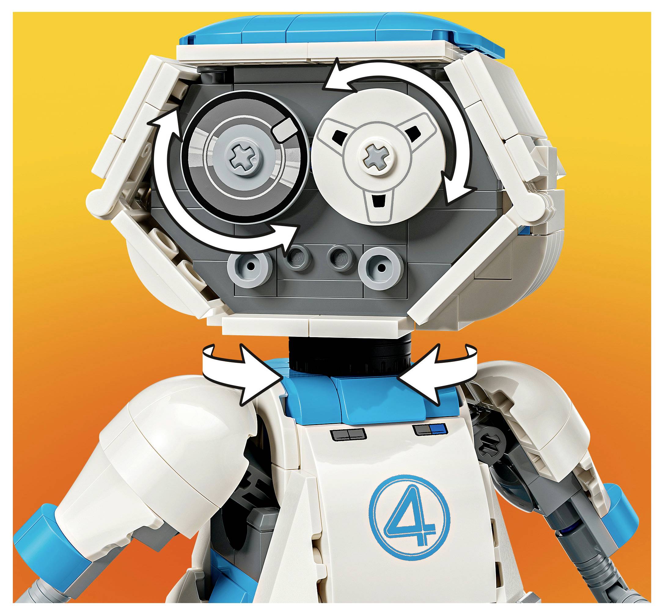 LEGO-artiger Roboterkopf und Oberkörper mit Pfeilen, die zeigen, dass Kopf und Hals rotieren können; blaue und weiße Figur auf orangefarbenem Hintergrund.