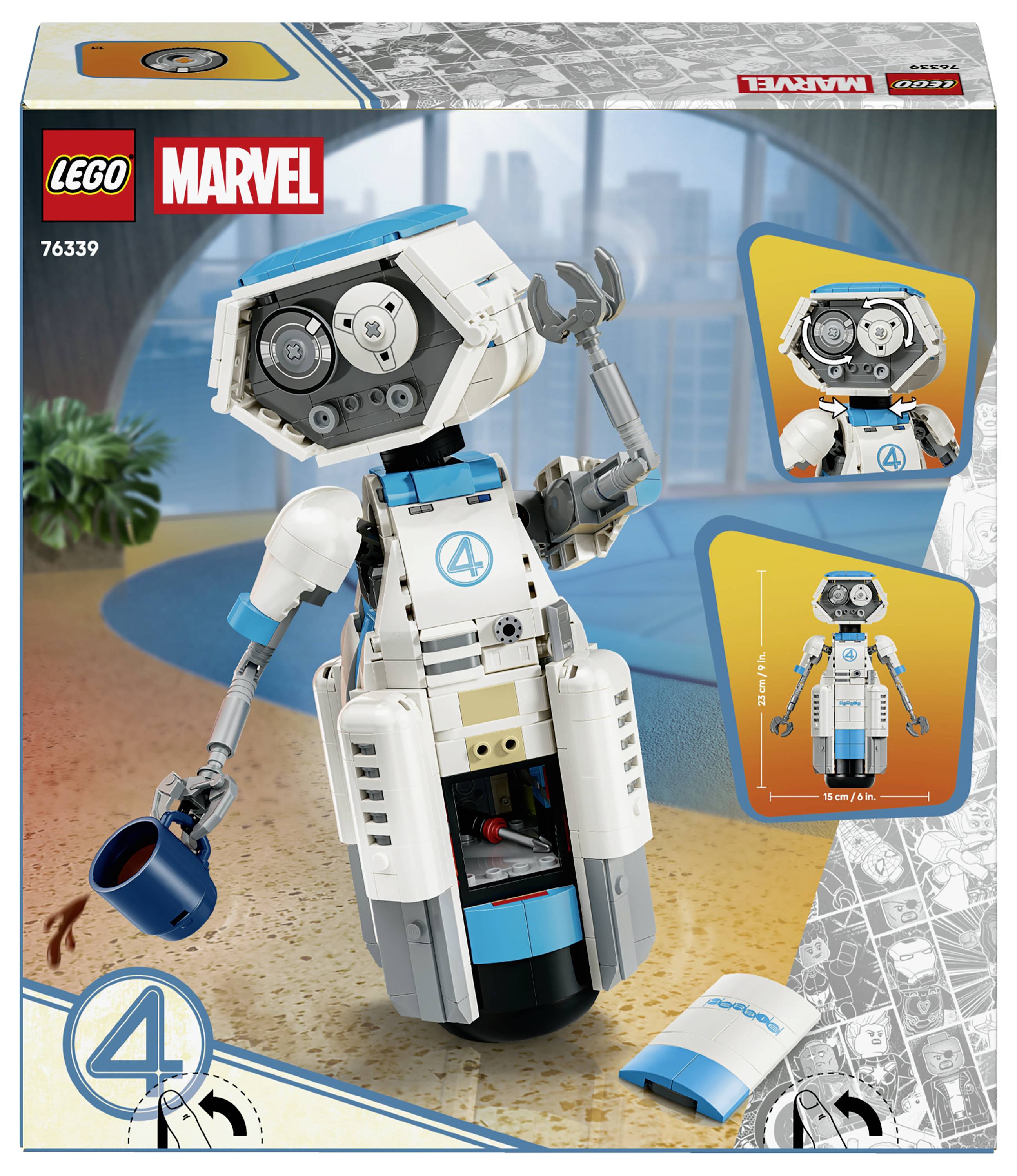 LEGO Marvel Verpackungskunst mit Set 76339, eine weiß-blau-rote Roboter-Minifigur mit einer Greifhand und Becher, plus kleine Einschub-Baubilder und Größendiagramm.
