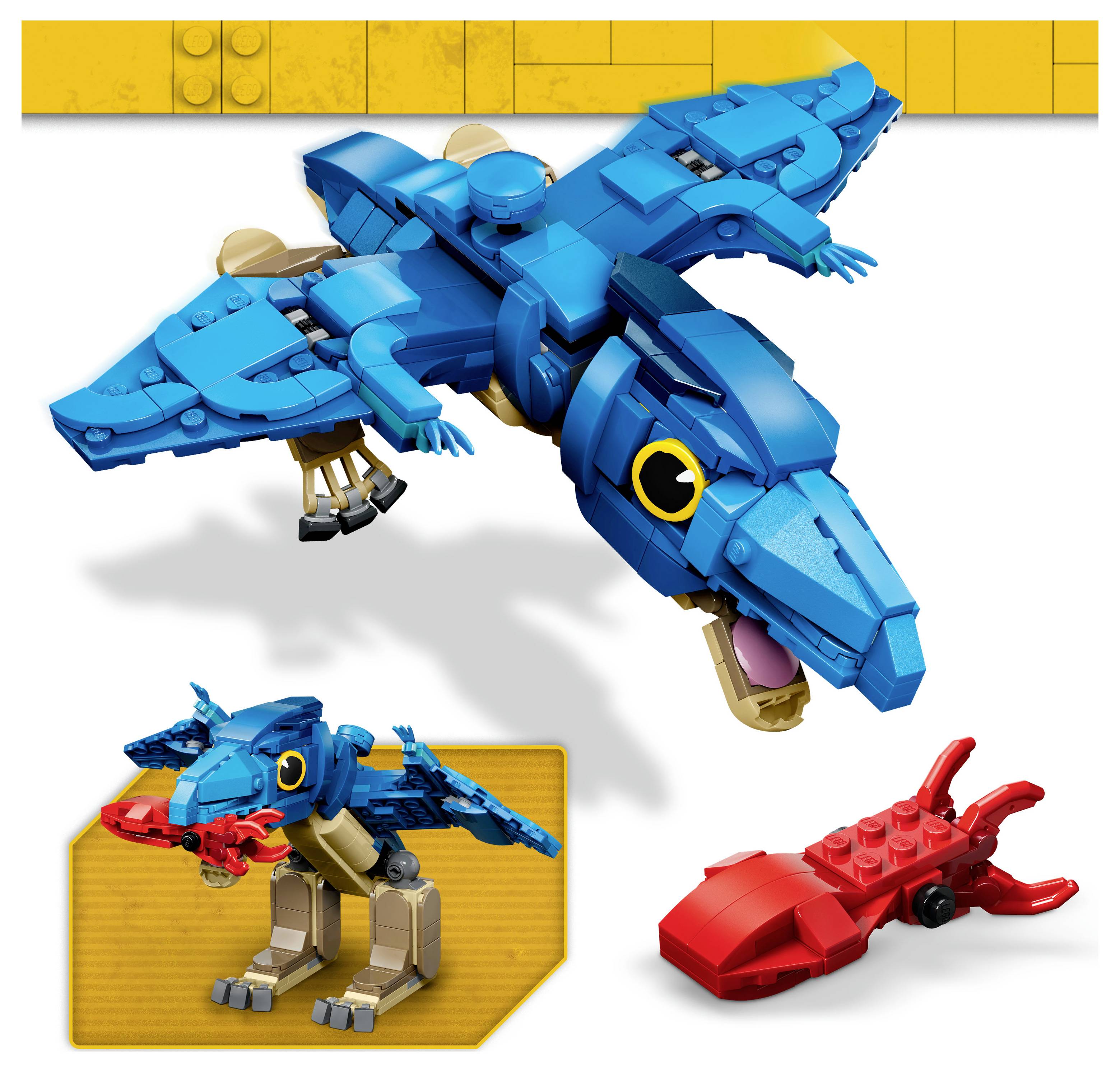 Blaues LEGO-ähnliches Pterosaurus-Modell mit ausgebreiteten Flügeln; die Vergrößerung zeigt einen alternativen aufrechten Aufbau und eine separate rote Teilvariante.