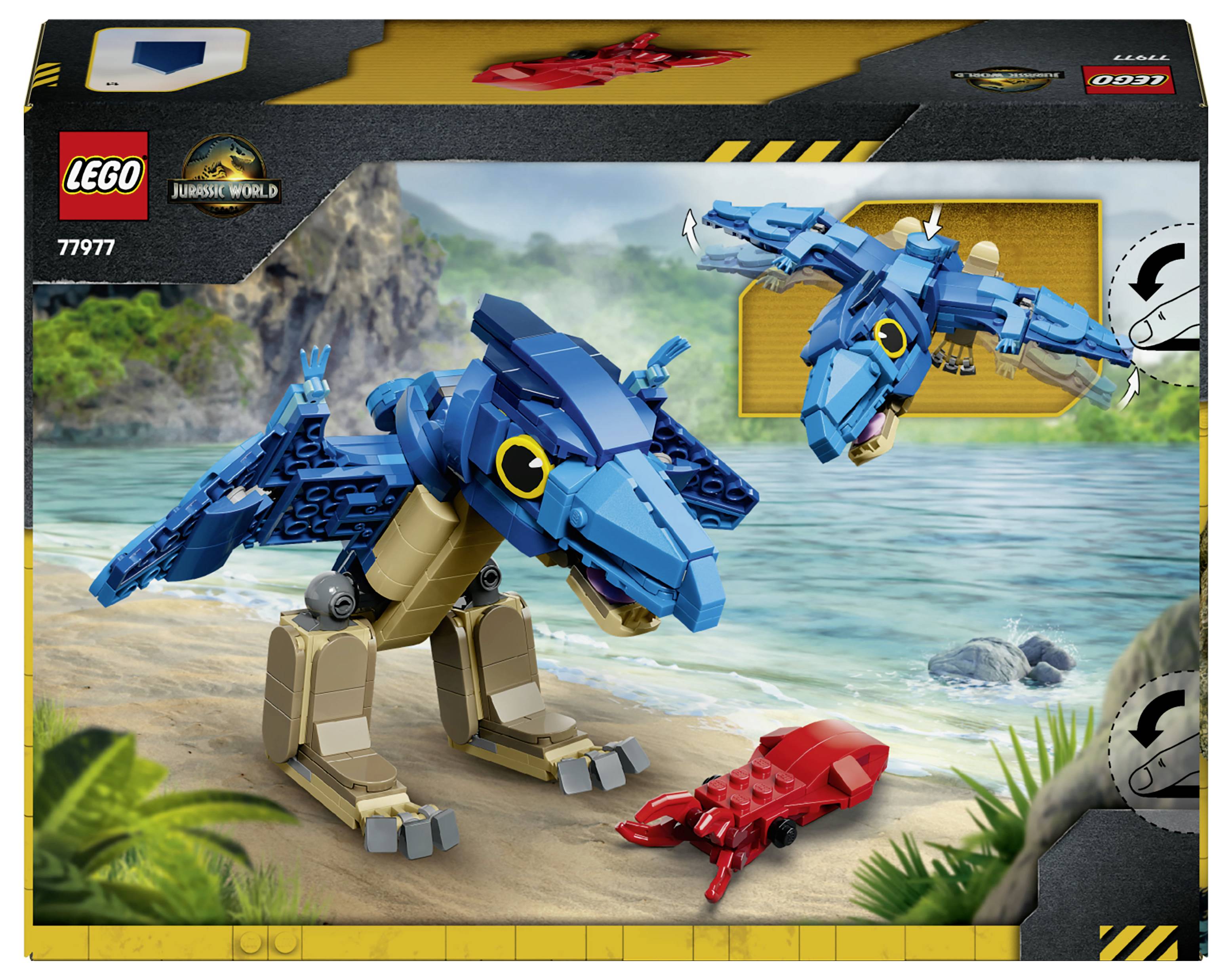 LEGO Jurassic World Schachtelbild zeigt zwei blaue Dilophosaurus-Spielzeugmodelle und eine rote Krabbe an einem Strand in der Nähe von Wasser, Set 77977.