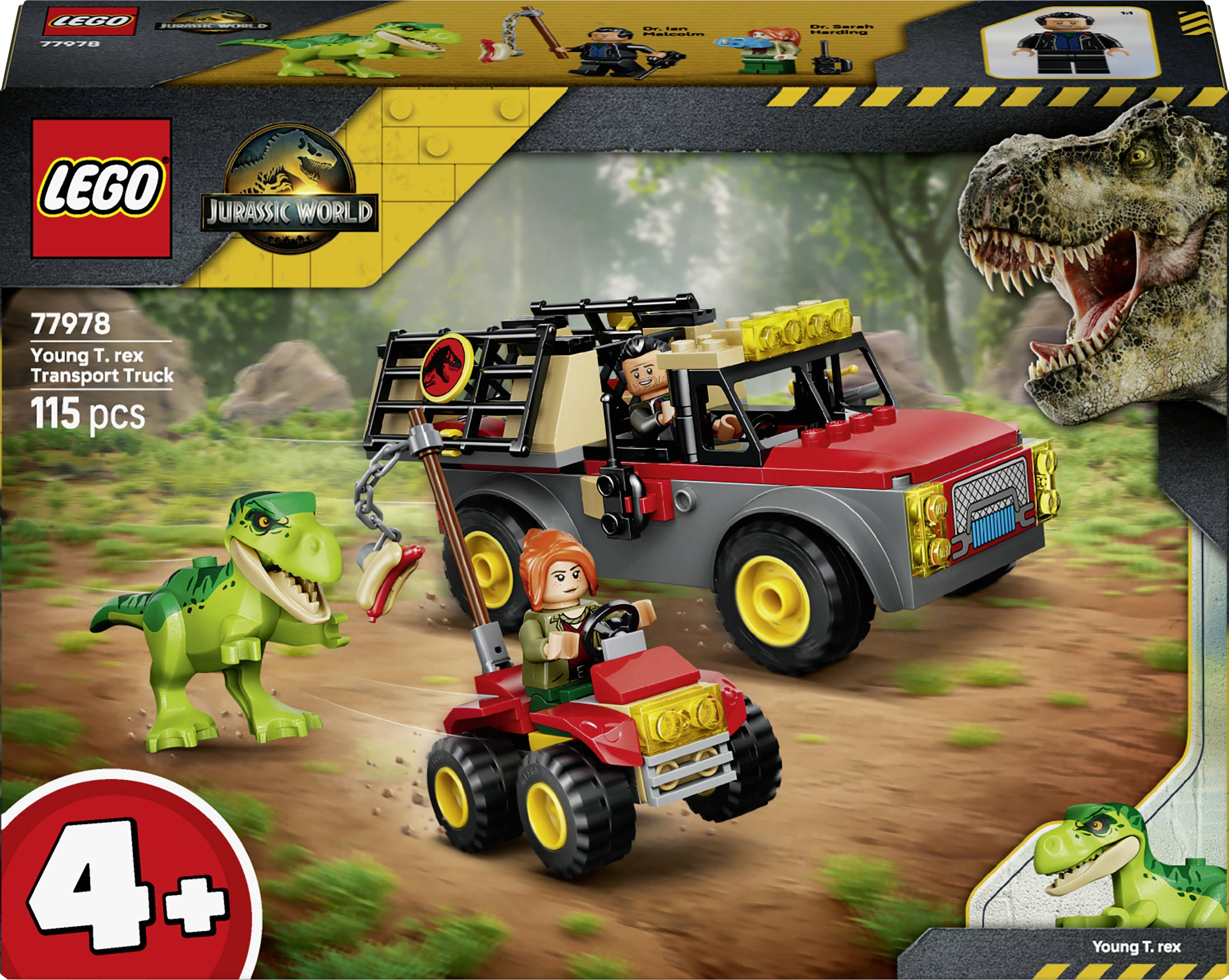 LEGO Jurassic World Set 77978 'Transportwagen für jungen T-Rex' mit 115 Teilen und Altersfreigabe ab 4 Jahren, zeigt einen roten Lastwagen, einen Geländewagen, Minifiguren und einen T-Rex mit einem Baby-Dinosaurier.
