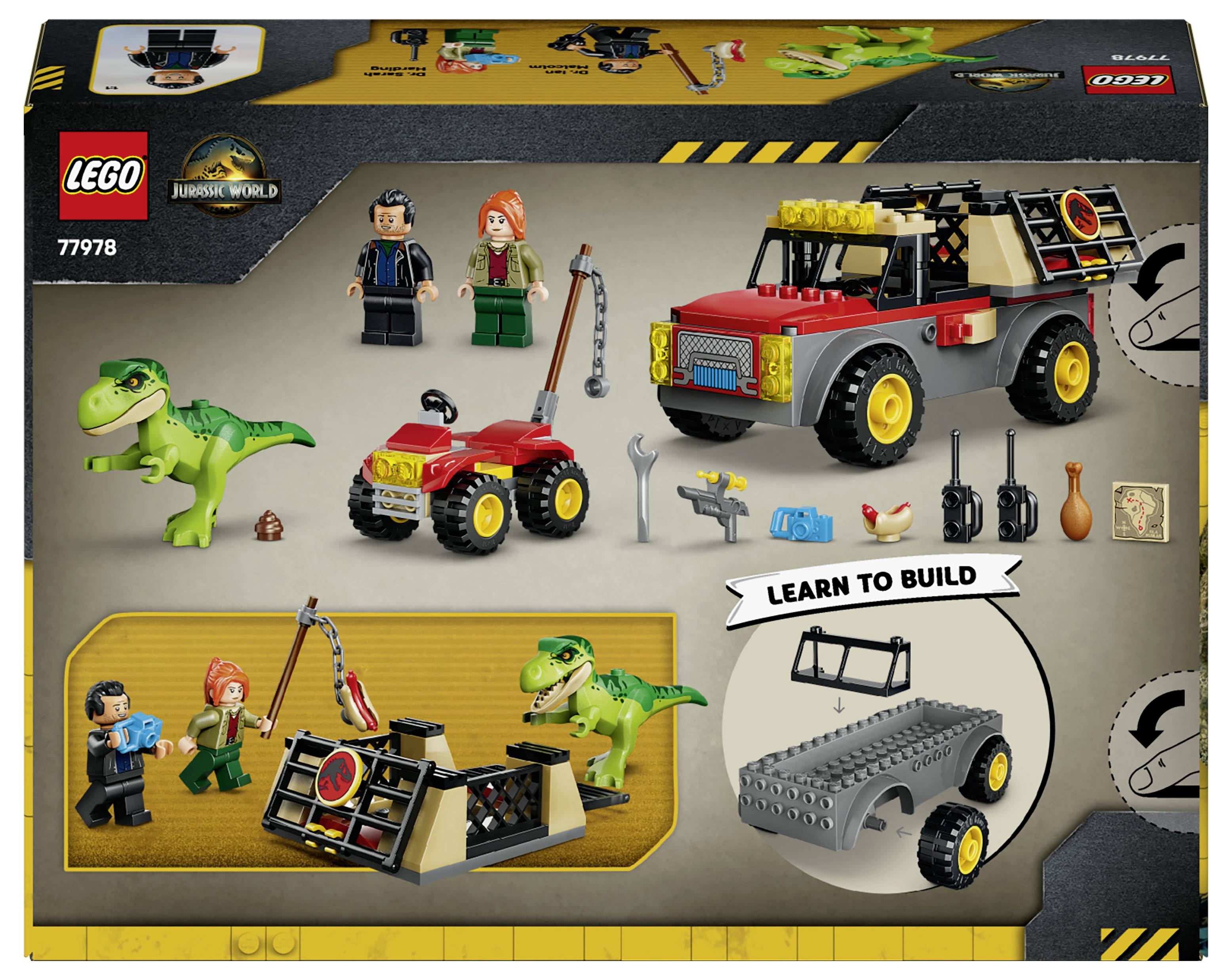 LEGO Jurassic World 77978 Verpackungskunstwerk zeigt ein rotes Geländefahrzeug, einen kleinen Abschleppwagen, zwei Minifiguren und einen grünen Dinosaurier, mit 