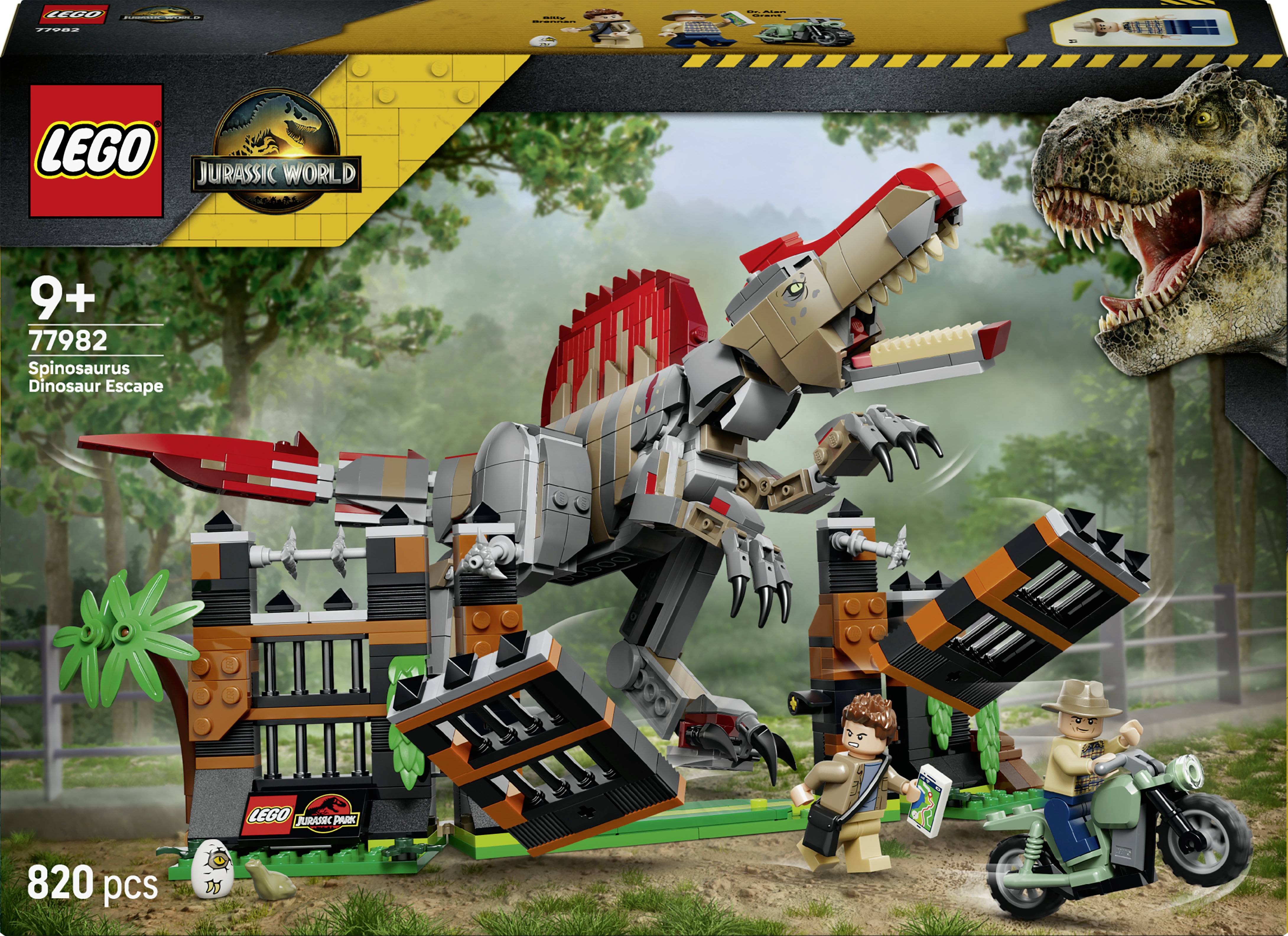 LEGO Jurassic World 'Spinosaurus Dinosaur Escape' Set-Schachtel mit Artwork zeigt einen Spinosaurus, der ein Labor angreift, und zwei Minifiguren auf dem Boden, 820 Teile, ab 9 Jahren