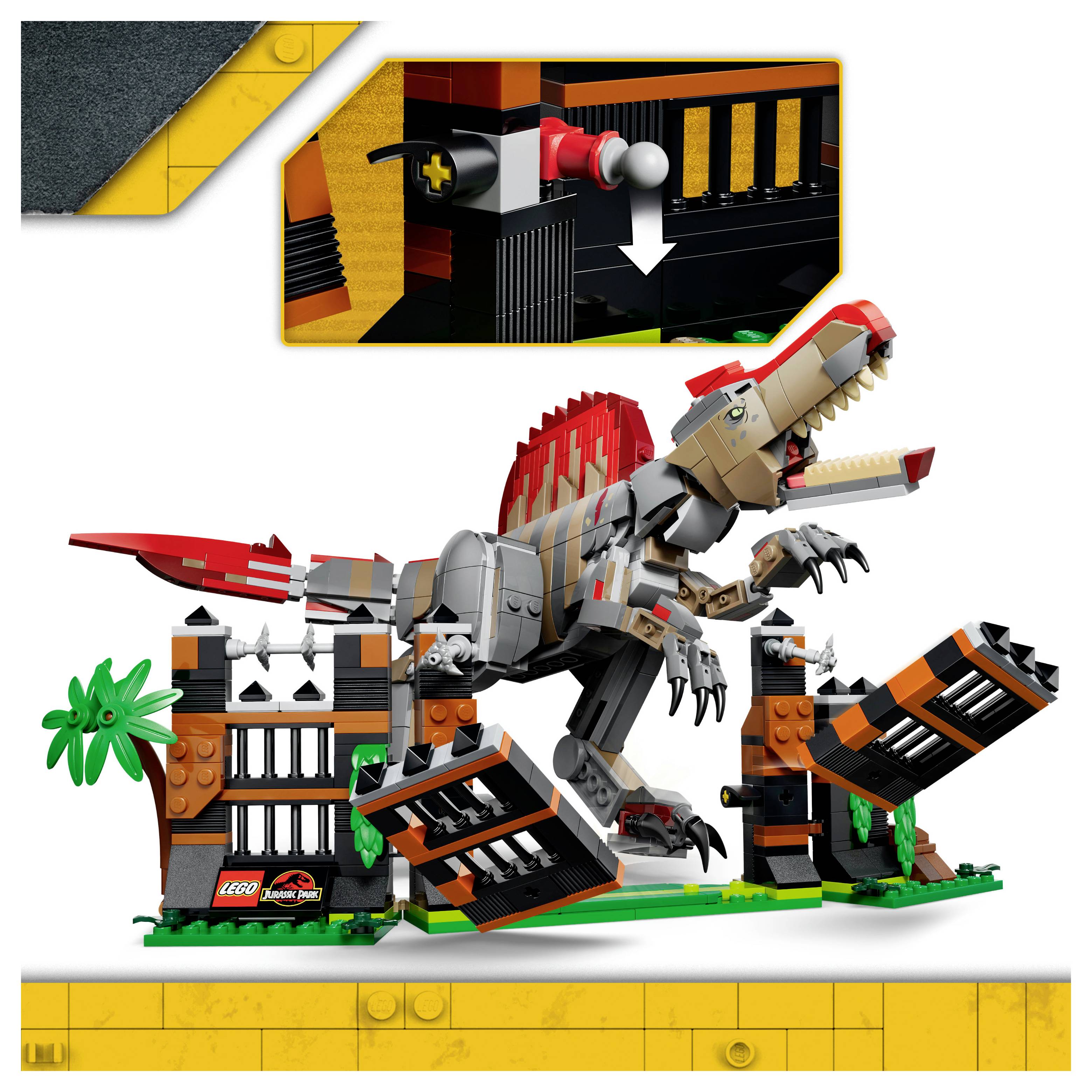 LEGO Jurassic World Set mit einem großen braun-grauen T-Rex, der neben einem Jurassic Park-Tor positioniert ist, mit einer Einblendung, die eine Spielfunktion zeigt.