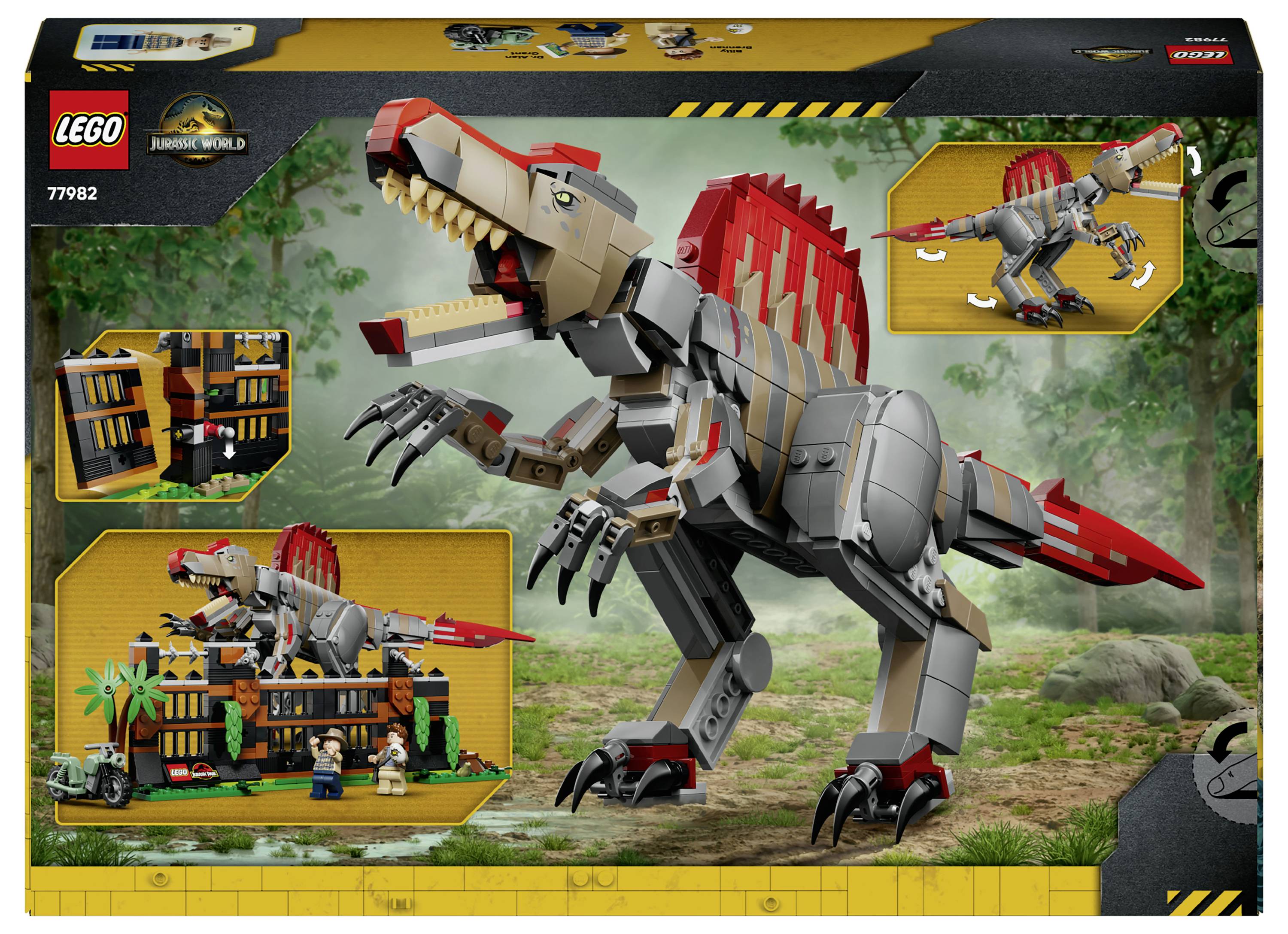 LEGO Jurassic World Schachtelabbildung mit einem Spinosaurus-Modell und Minifiguren, Detailansichten des Dinosauriers und eines Laborsätze, Produktnummer 77982.