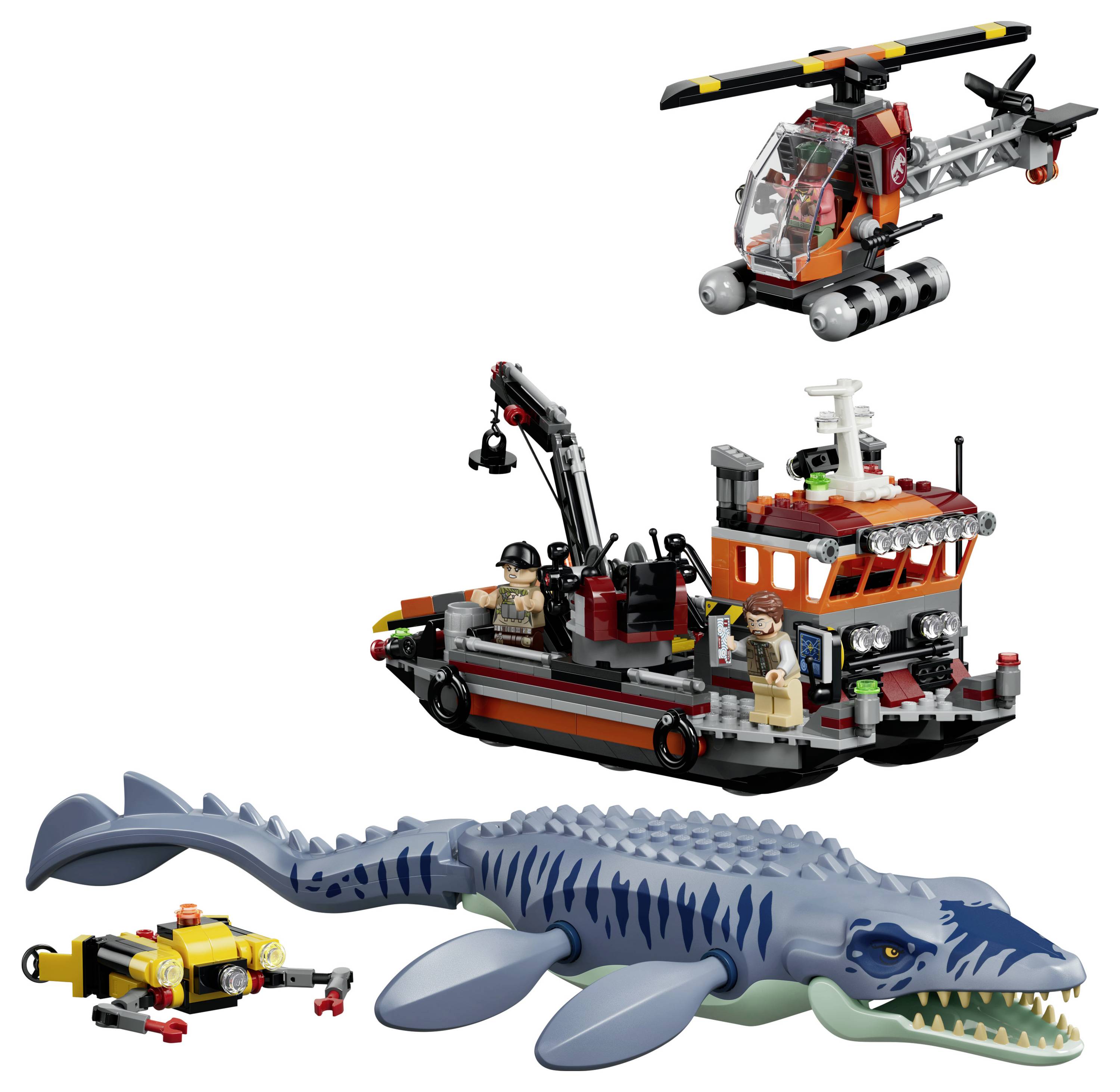 Spielzeug-LEGO-ähnliches Set mit einem Rettungsboot, einem Hubschrauber, einem kleinen U-Boot und einer großen blauen Seemonster-Kreatur.