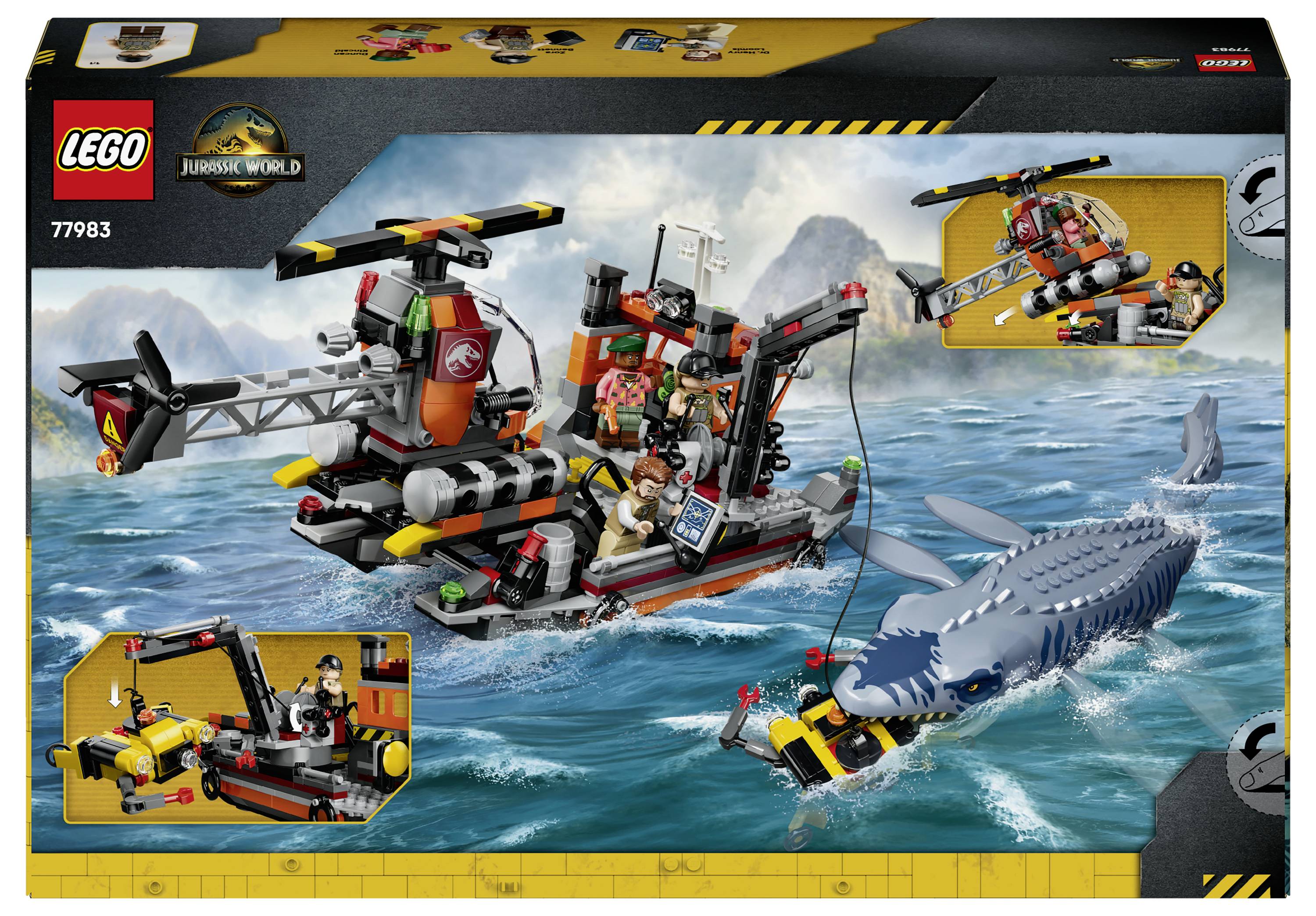 LEGO Jurassic World 77983 Schachteln-Artwork zeigt ein Rettungsboot und einen Hubschrauber, die einen Hai in rauen Ozeanwellen verfolgen, mit Minifiguren und eingefügten Aktionsszenen.