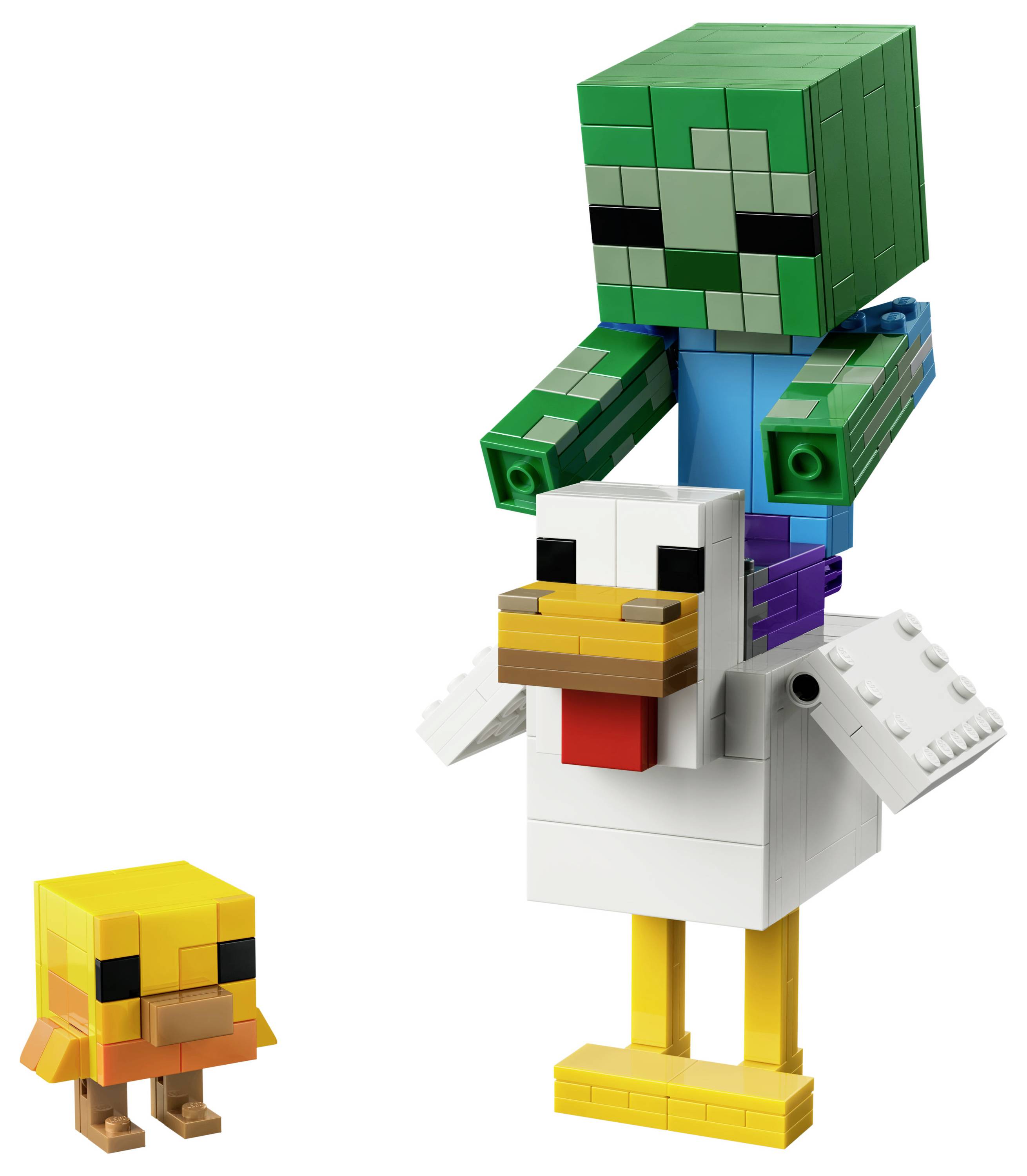 Lego-ähnliche Zombie-Figur, die auf einem weißen Huhn reitet, mit einem kleinen gelben Küken in der Nähe auf einfachem Hintergrund.
