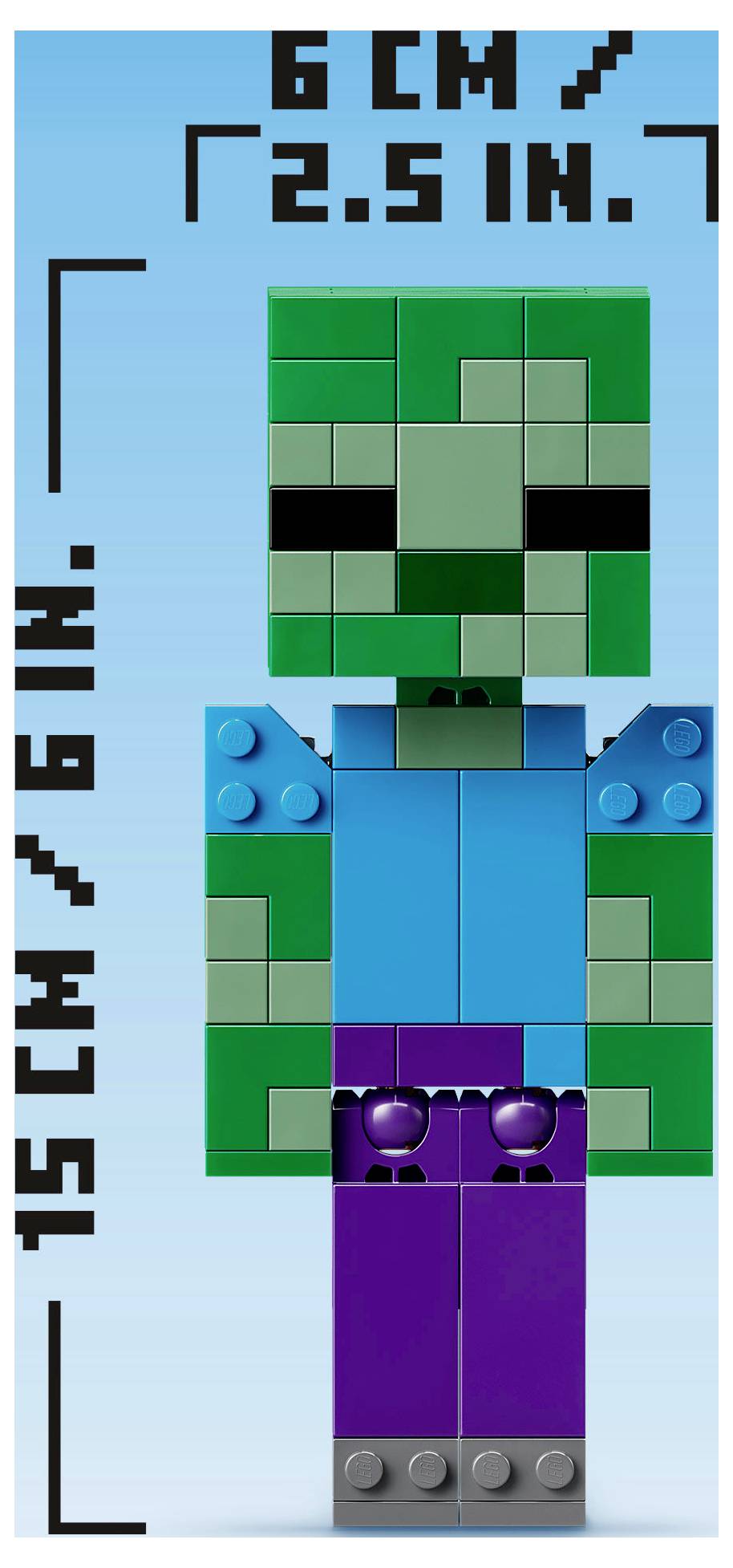 Ein Minecraft-ähnlicher Block-Charakter, der vor einem hellblauen Hintergrund angezeigt wird, mit den Abmessungen 6 Zoll mal 2,5 Zoll gekennzeichnet.