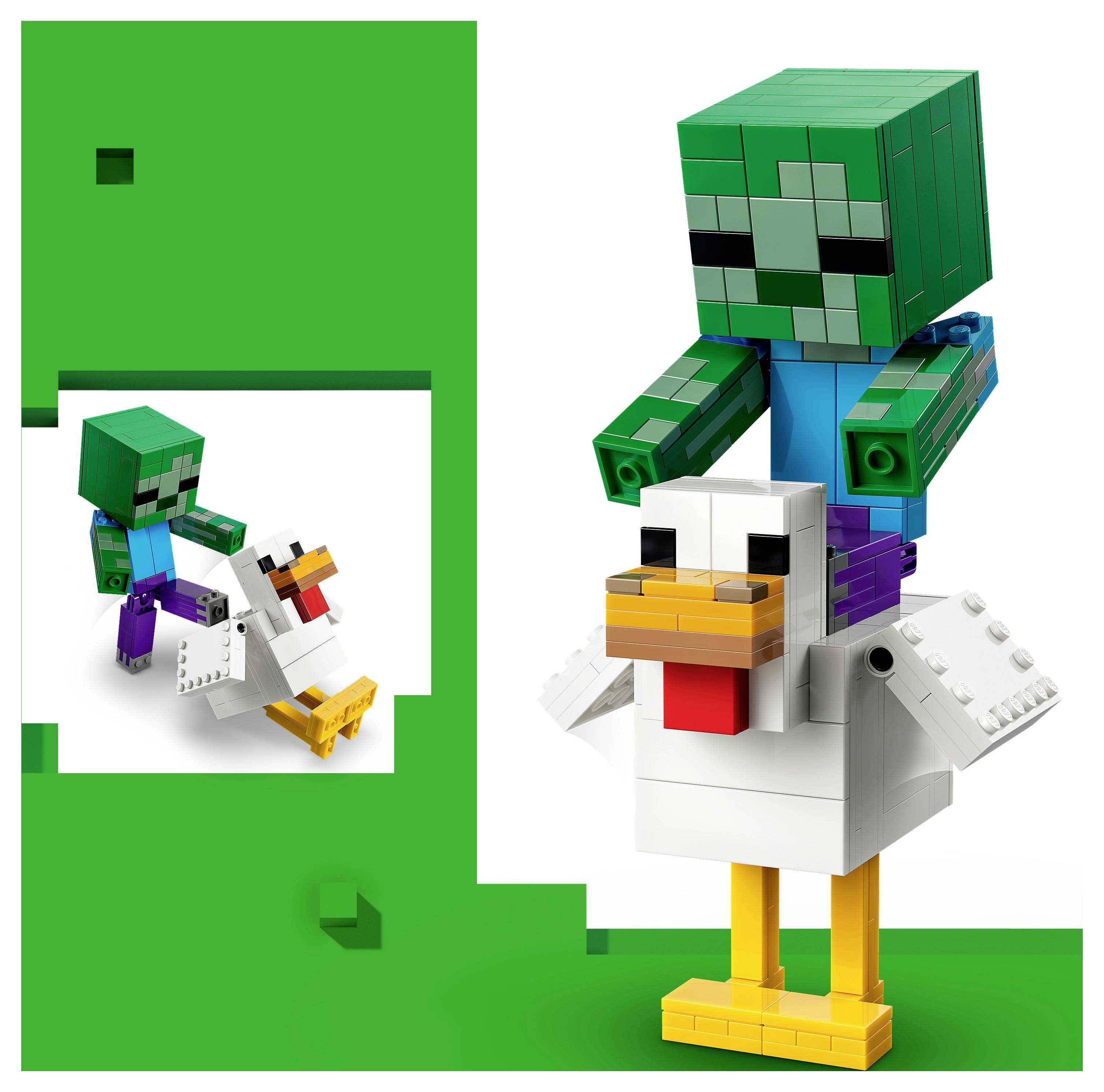 LEGO-ähnliche Spielzeugfigur eines grünen Zombies, der auf einer weißen Ente mit orangefarbenem Schnabel und Füßen reitet, dargestellt als Produktbild auf grünem und weißem Hintergrund.
