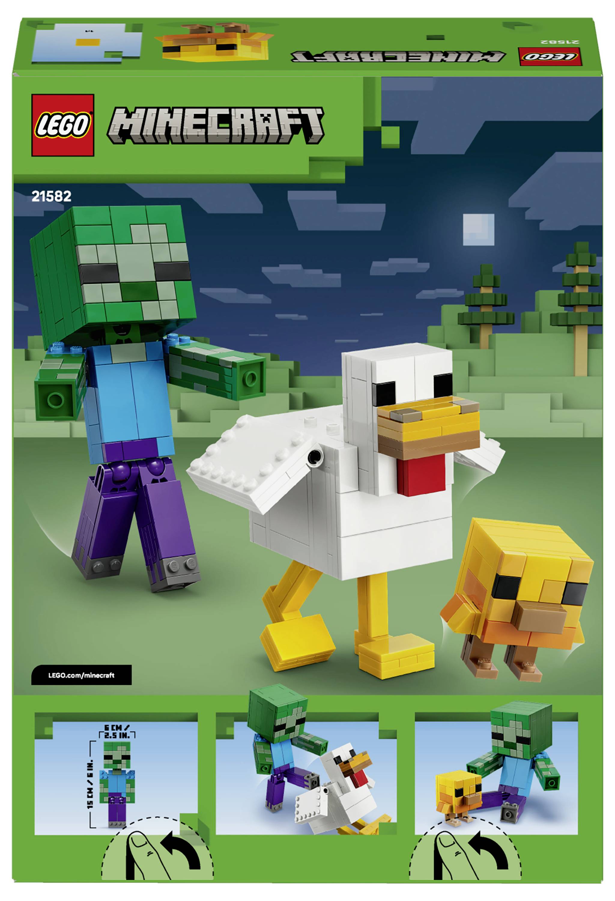 LEGO Minecraft Set-Schachtelkunst, die ein grünes Zombie, ein weißes Huhn und ein gelbes Küken auf einer grünen Minecraft-Landschaft zeigt.