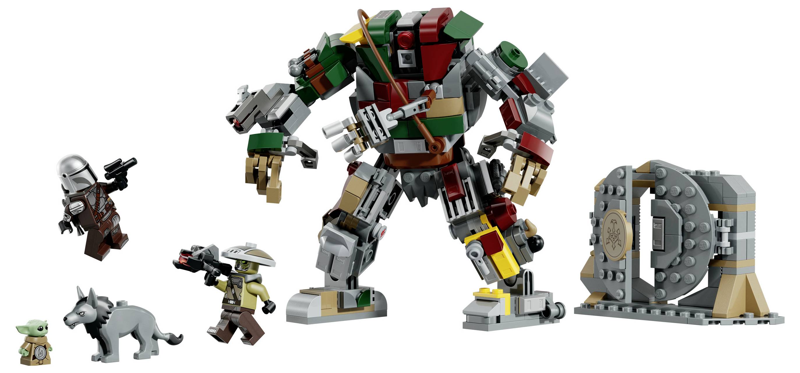 Ein LEGO-ähnlicher Mech-Roboter steht neben einer großen grauen Tresorür, mit mehreren kleinen Science-Fiction-Minifiguren und Kreaturen in der Nähe auf weißem Hintergrund.