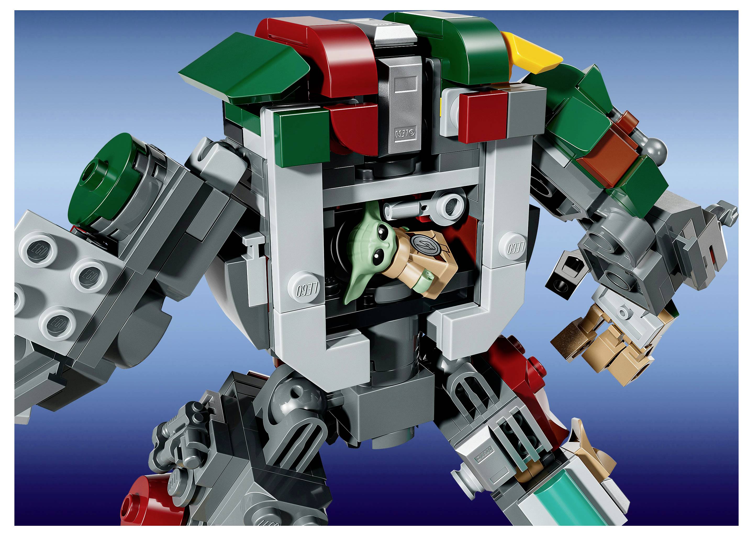 Nahaufnahme eines LEGO-ähnlichen Roboter-Mechs mit grüner, grauer und roter Rüstung, vor einem blauen Farbverlaufshintergrund posiert.