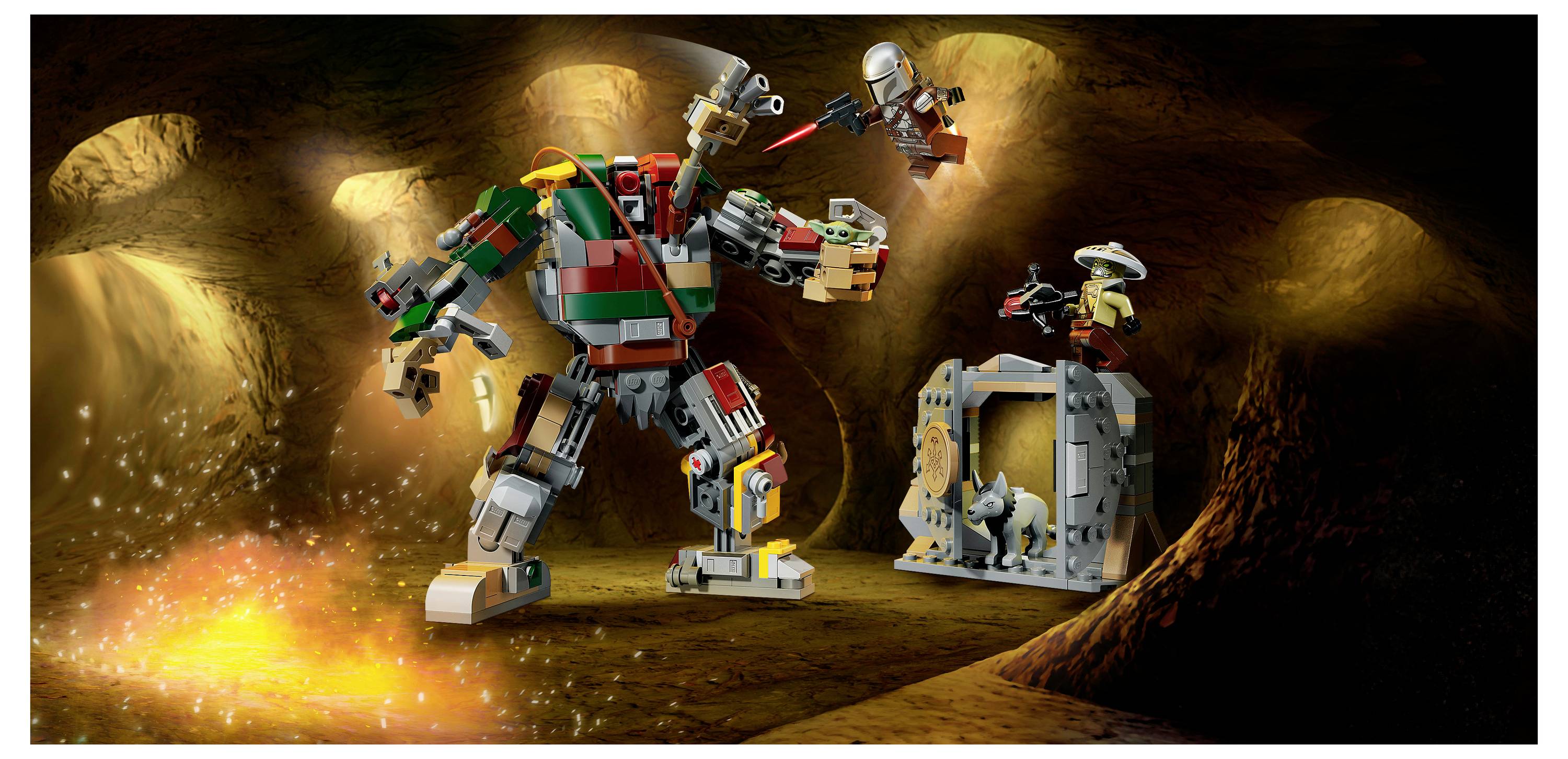 Zwei LEGO-Roboter kämpfen in einer Höhle, während eine kleinere Figur einen Käfig mit einer Kreatur bewacht, wobei Funken und eine Explosion die Szene erleuchten.