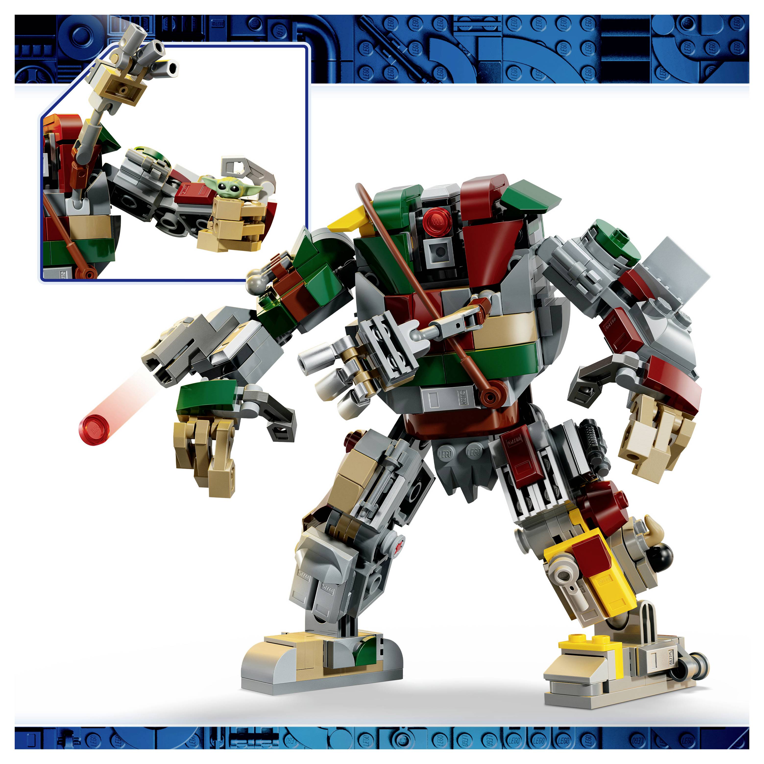 Roboter-Mech im LEGO-Stil in Rot, Grün, Grau und Gold in Pose auf weißem Hintergrund, mit Detailansicht, die seinen Arm zeigt, der einen roten Laserstrahl abfeuert.