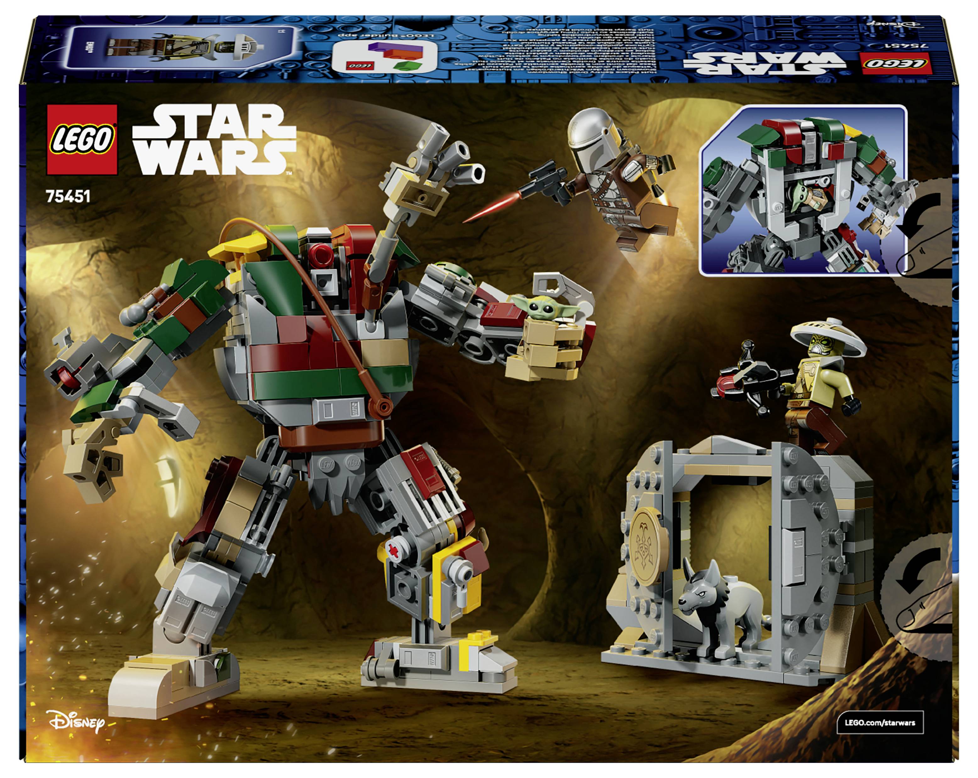 LEGO Star Wars Schachtelkunstwerk zeigt ein aus Steinen gebautes Wookiee-Mech, das gegen einen Mandalorianer in einer Höhle kämpft, mit einem kleinen Ausschnitt des Cockpits des Mechs und einem Seitenbau mit einer Minifigur und einer Kreaturen-Kiste.