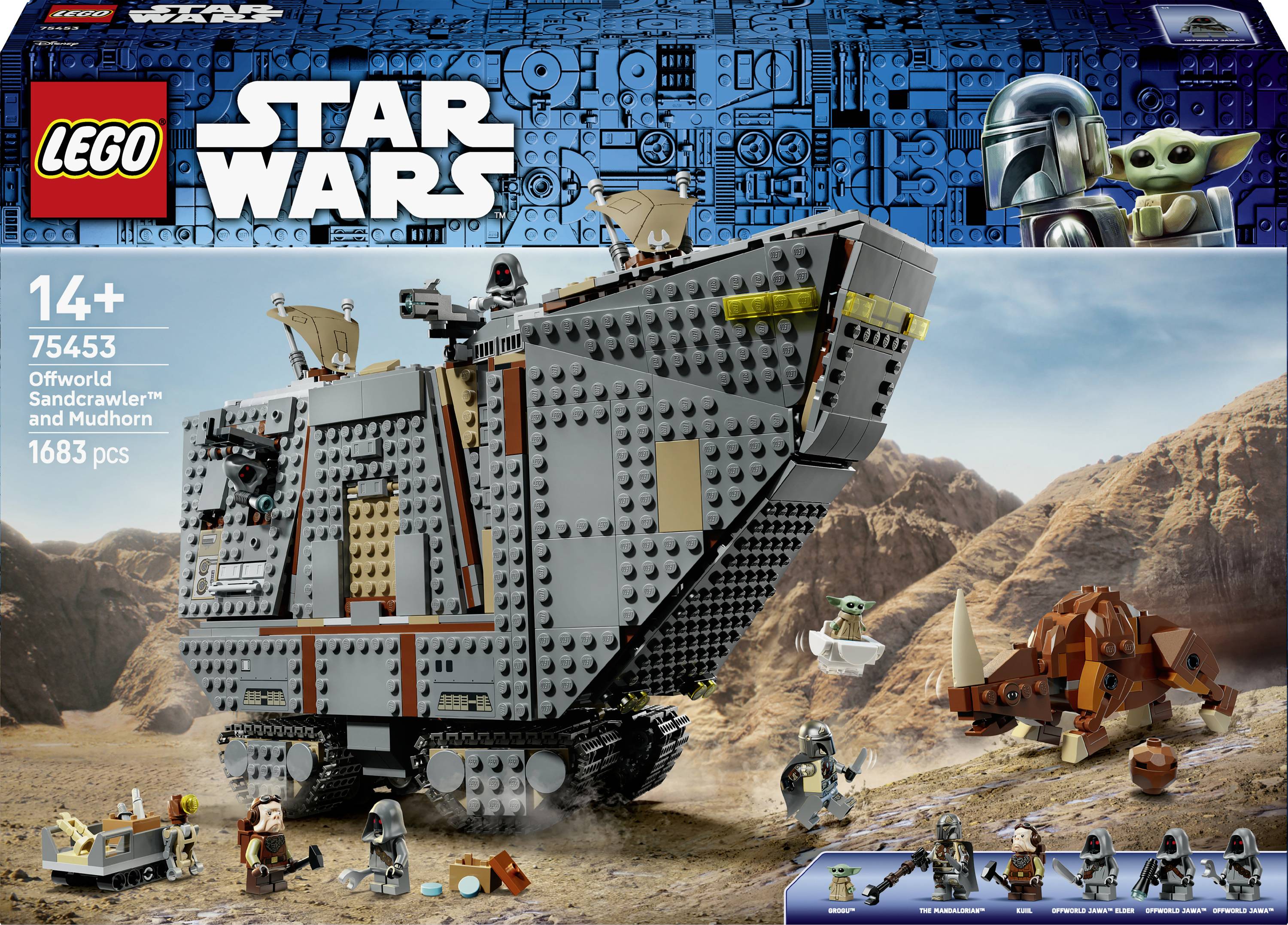 LEGO Star Wars 75453 14+ Setverpackung mit Artwork, das den Offworld Sandcrawler und das Mudhorn in einer Wüstenschlacht-Szene mit Minifiguren zeigt.