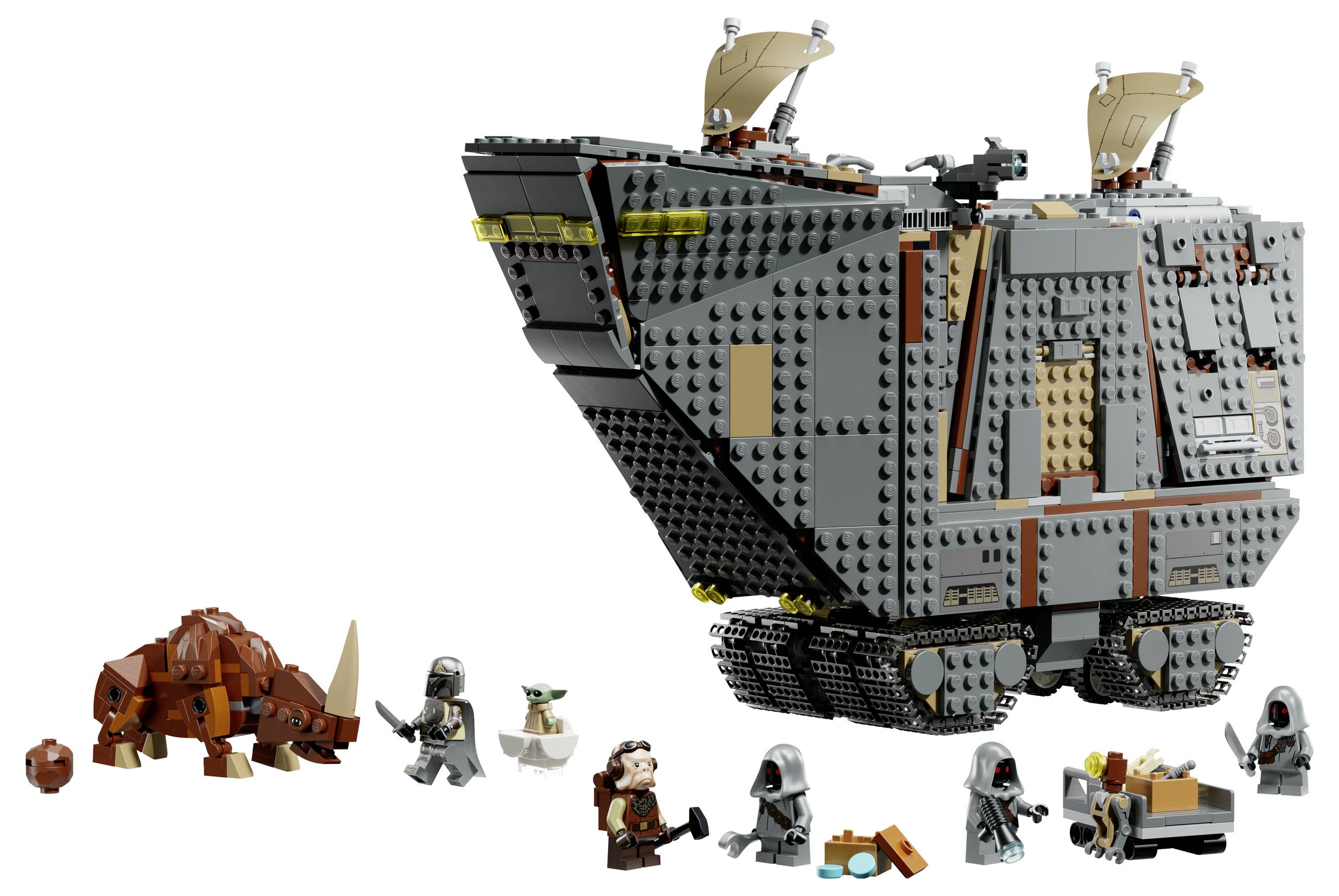 LEGO Star Wars Szene mit einem großen grau gepanzerten Geher/Schiff und einer orange Bestie, plus mehreren Minifiguren und kleinen Zubehörteilen auf weißem Hintergrund.
