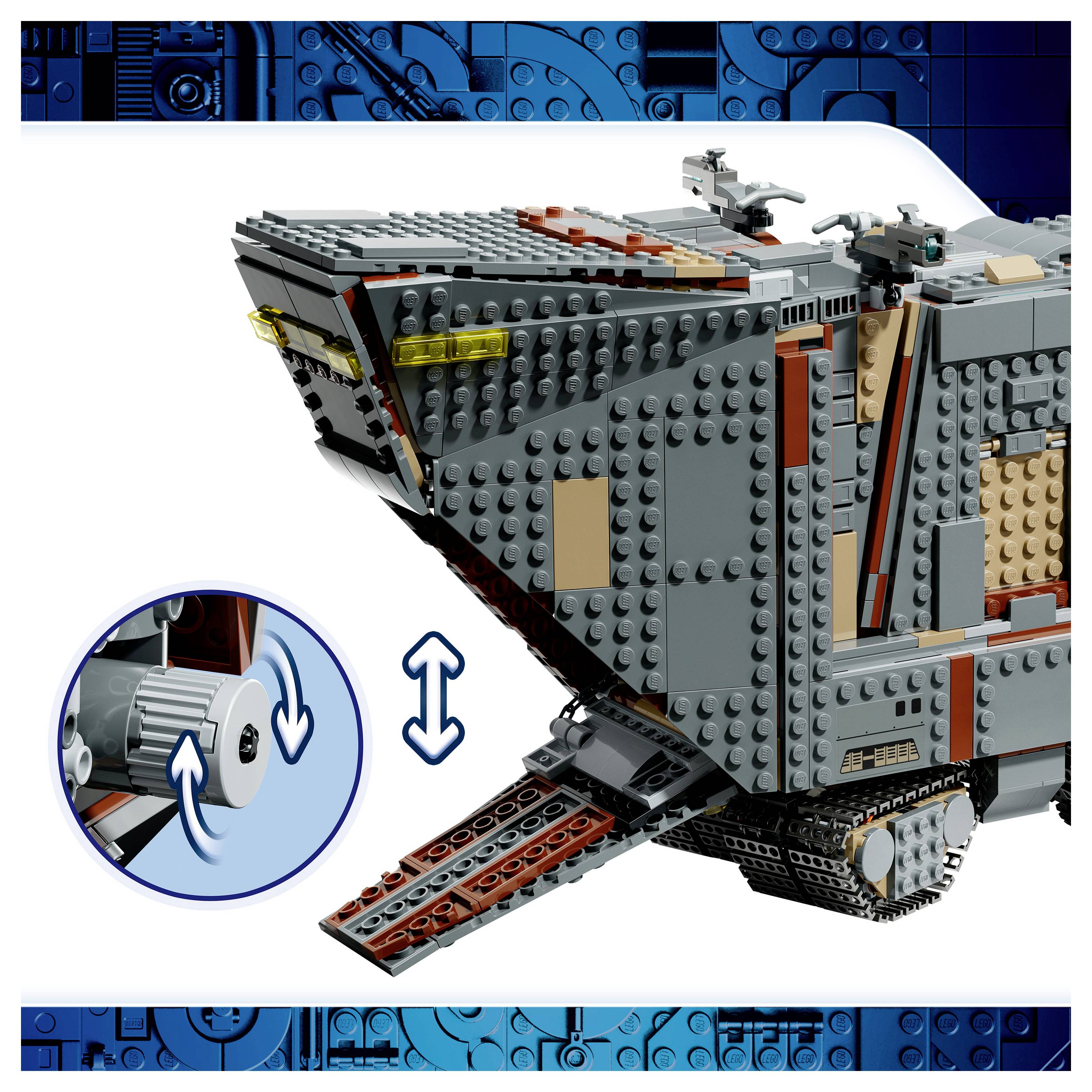 LEGO-Raumschiff/Fahrzeug in Seitenansicht mit ausgefahrener Rampe, plus ein Inset-Symbol, das einen drehbaren Steuerknopf mit Auf-/Ab-Pfeilen zeigt.