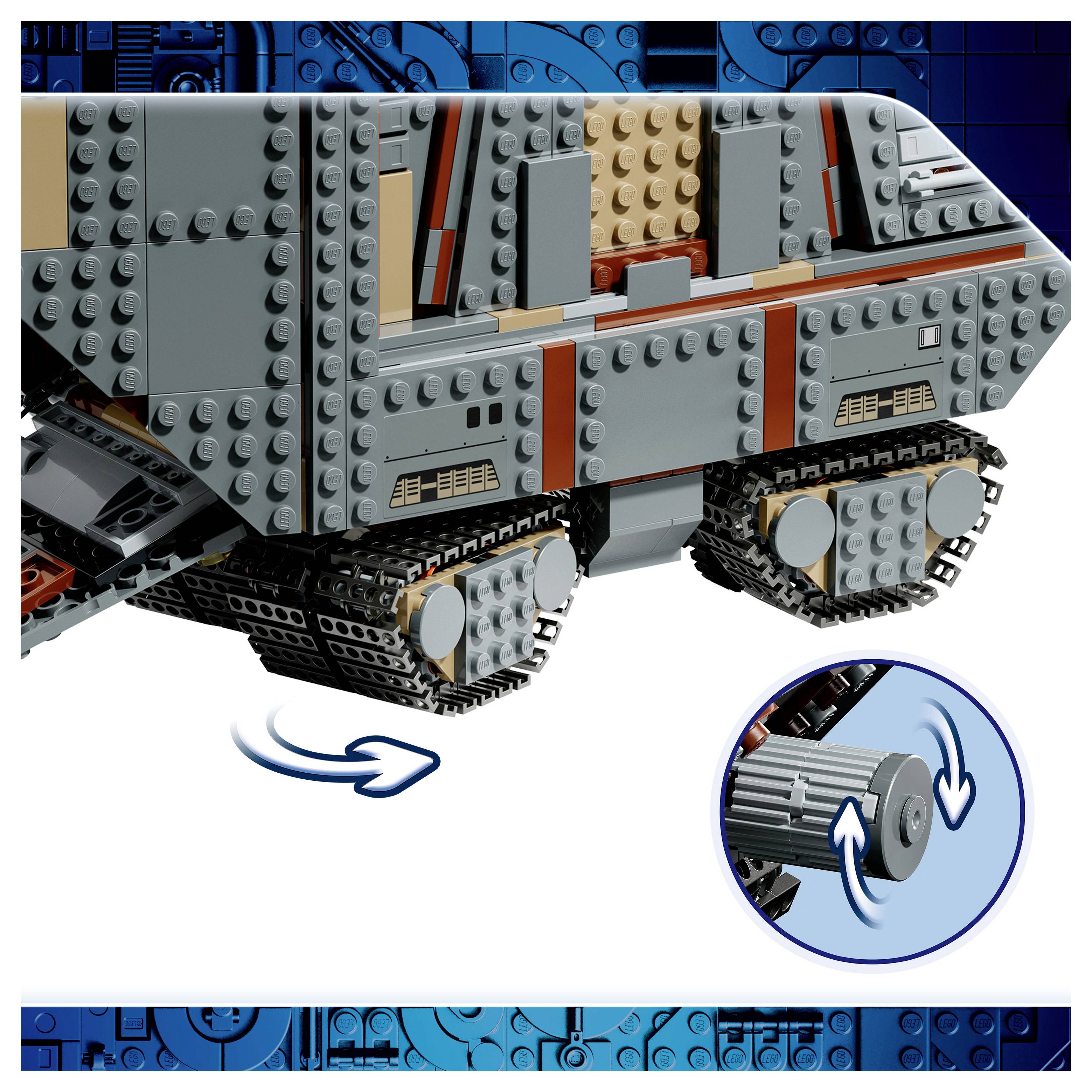 LEGO-ähnliche Fahrzeugunterseite mit einem Pfeil, der die Radbewegung anzeigt, plus eine kreisförmige Nahaufnahme, die eine sich auf und ab drehende Radachse zeigt.
