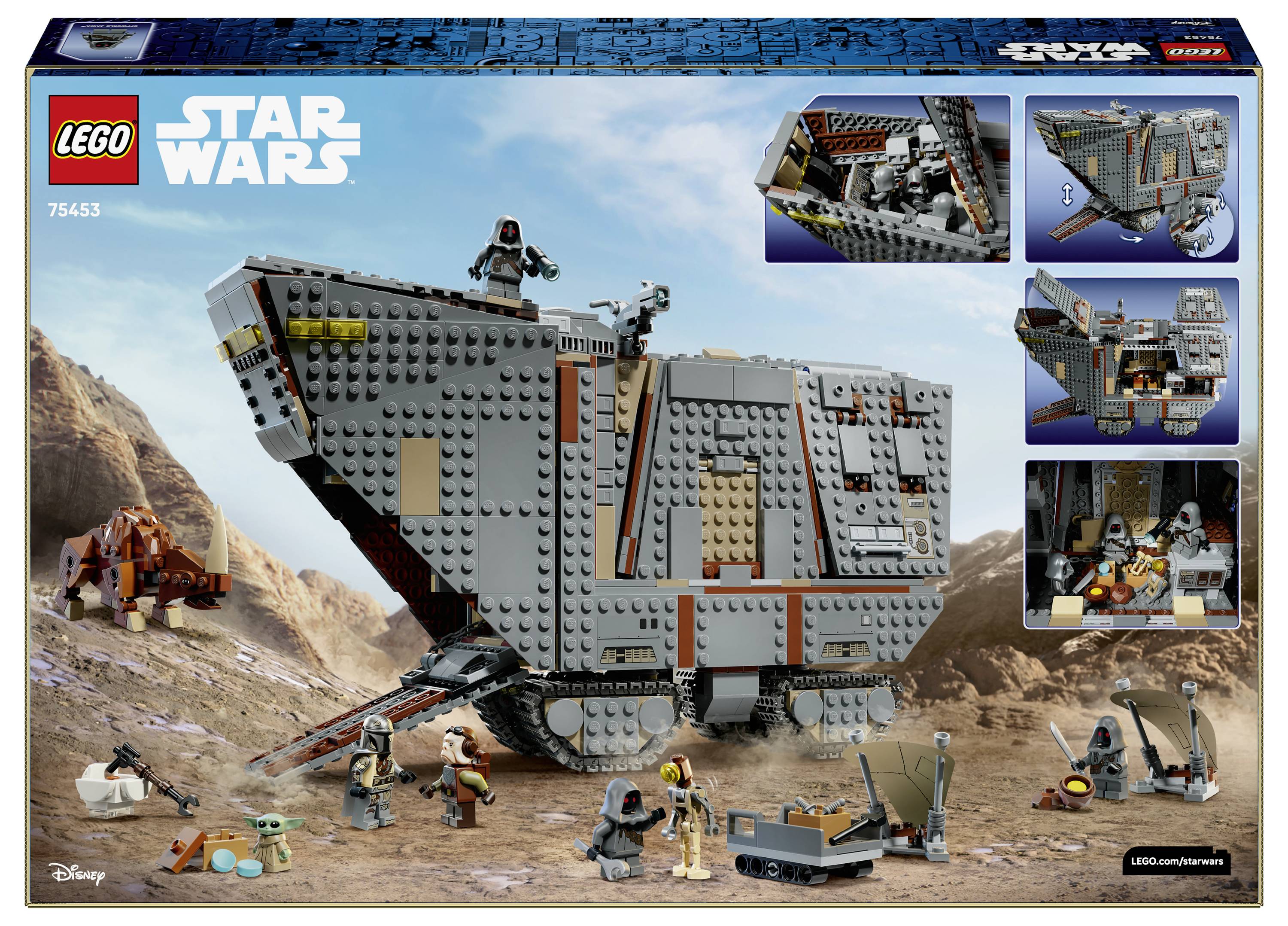 LEGO Star Wars Schachtelkunst zeigt ein großes graues gepanzertes Transportfahrzeug auf einem Wüstenplaneten mit Minifiguren und eingefügten Bauszenen.
