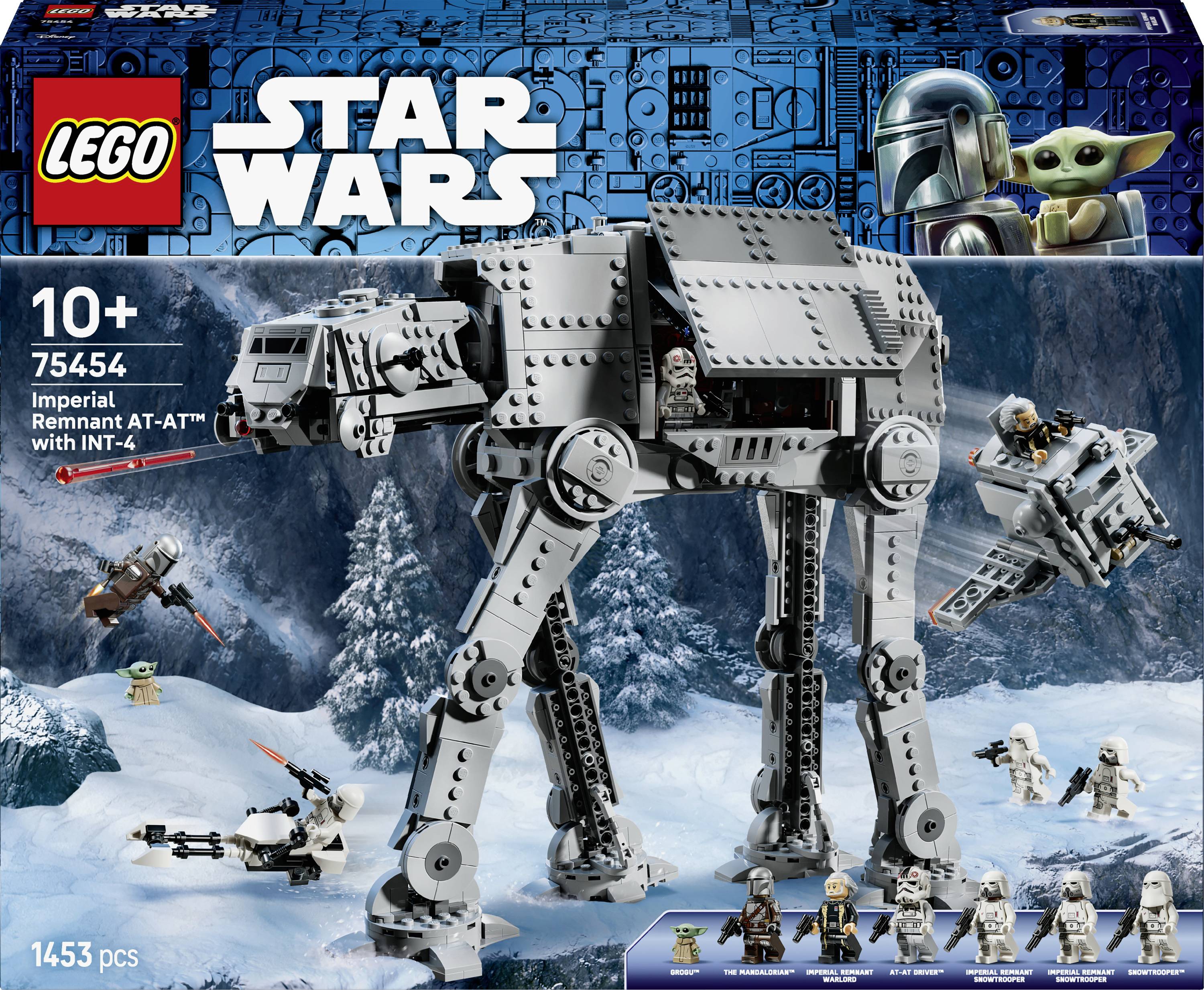 LEGO Star Wars Box-Art zeigt einen imperialen AT-AT mit AT-RTs, Set 75454 für Altersgruppe 10+, mit mehreren Minifiguren in einer verschneiten Kampfszene.