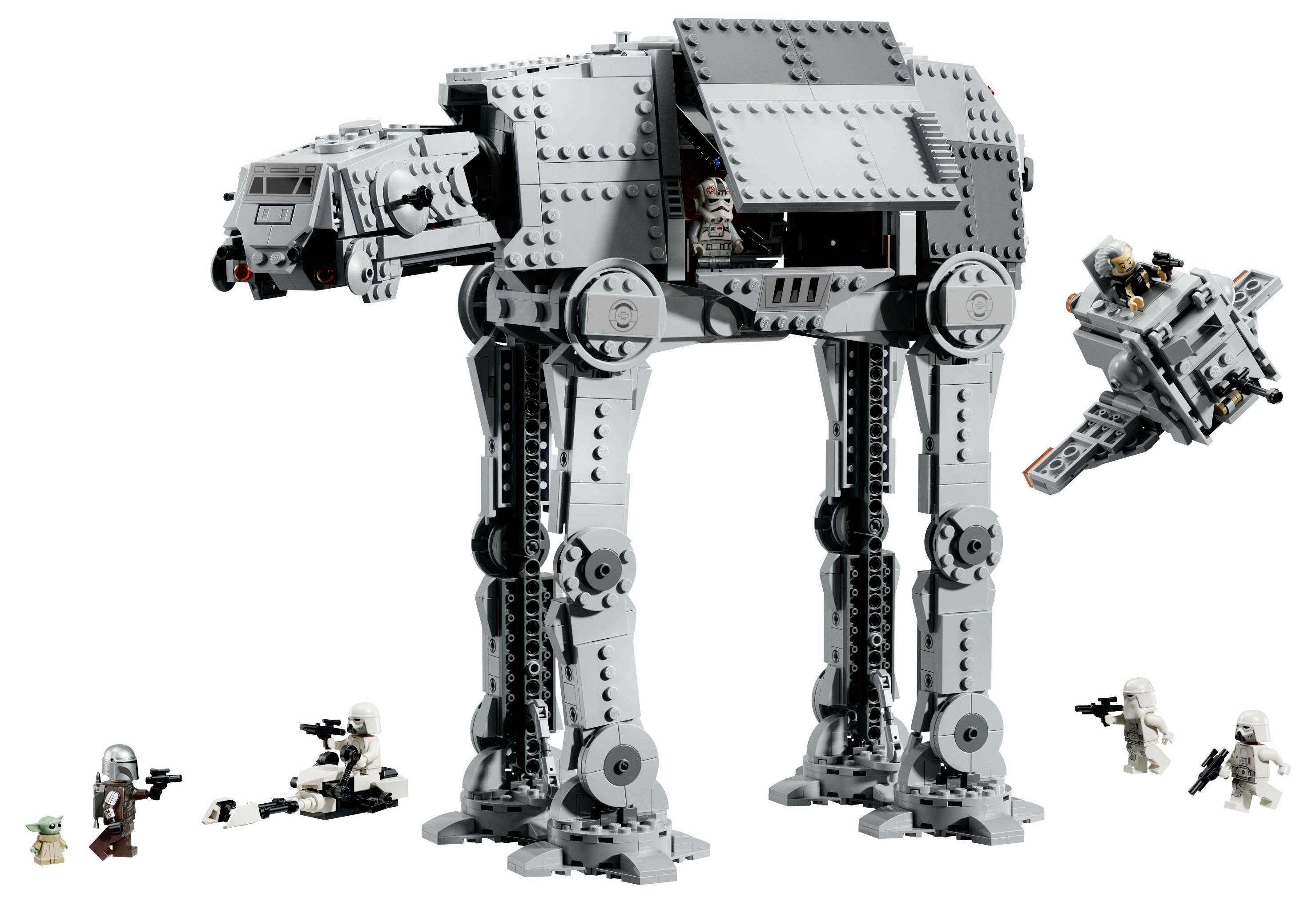 Großes graues LEGO AT-AT-Läufer-Modell mit Minifiguren und einem kleinen Speeder/Schiff, das darum herum auf weißem Hintergrund angezeigt wird.