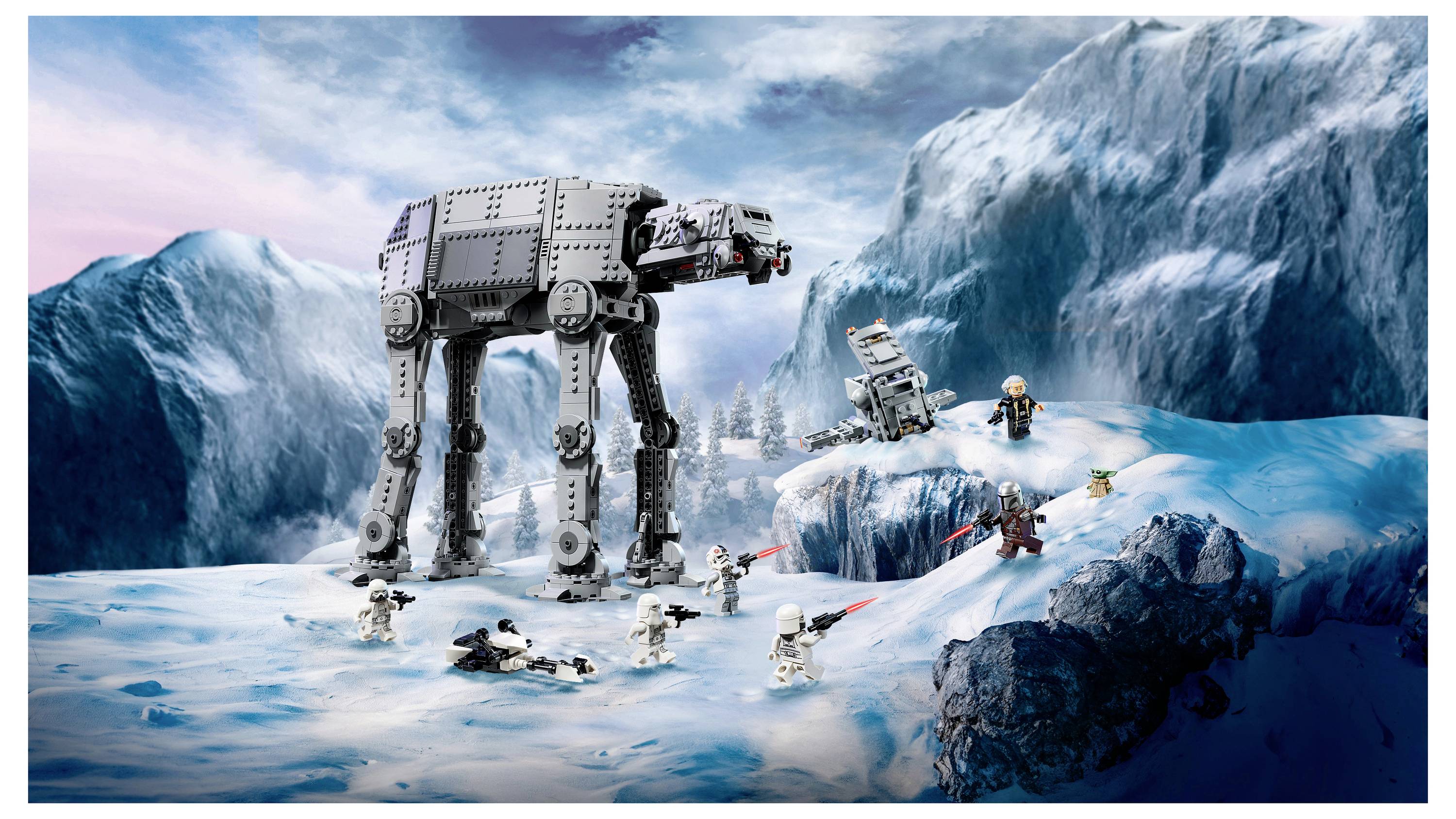 LEGO Star Wars Kampfszene in einer eisigen Landschaft, mit einem großen AT-AT-Wanderer und kleinen Schneetruppen, die gegen Rebellenkämpfer und Speedern vor blauen Eisklippen kämpfen.