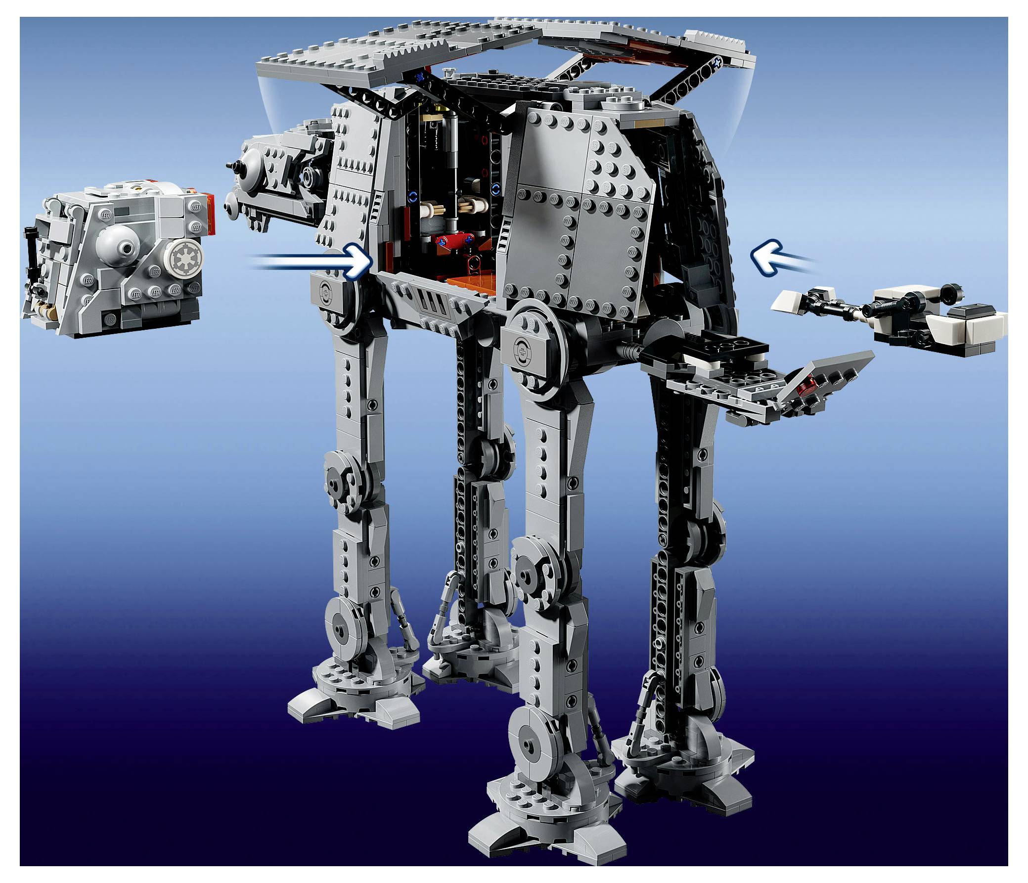 LEGO-ähnlicher mechanischer Laufroboter mit vier Beinen, geöffnet, um interne Komponenten zu zeigen, mit einem separierten Motormodul und Pfeilen, die Montage- oder Befestigungspunkte angeben.