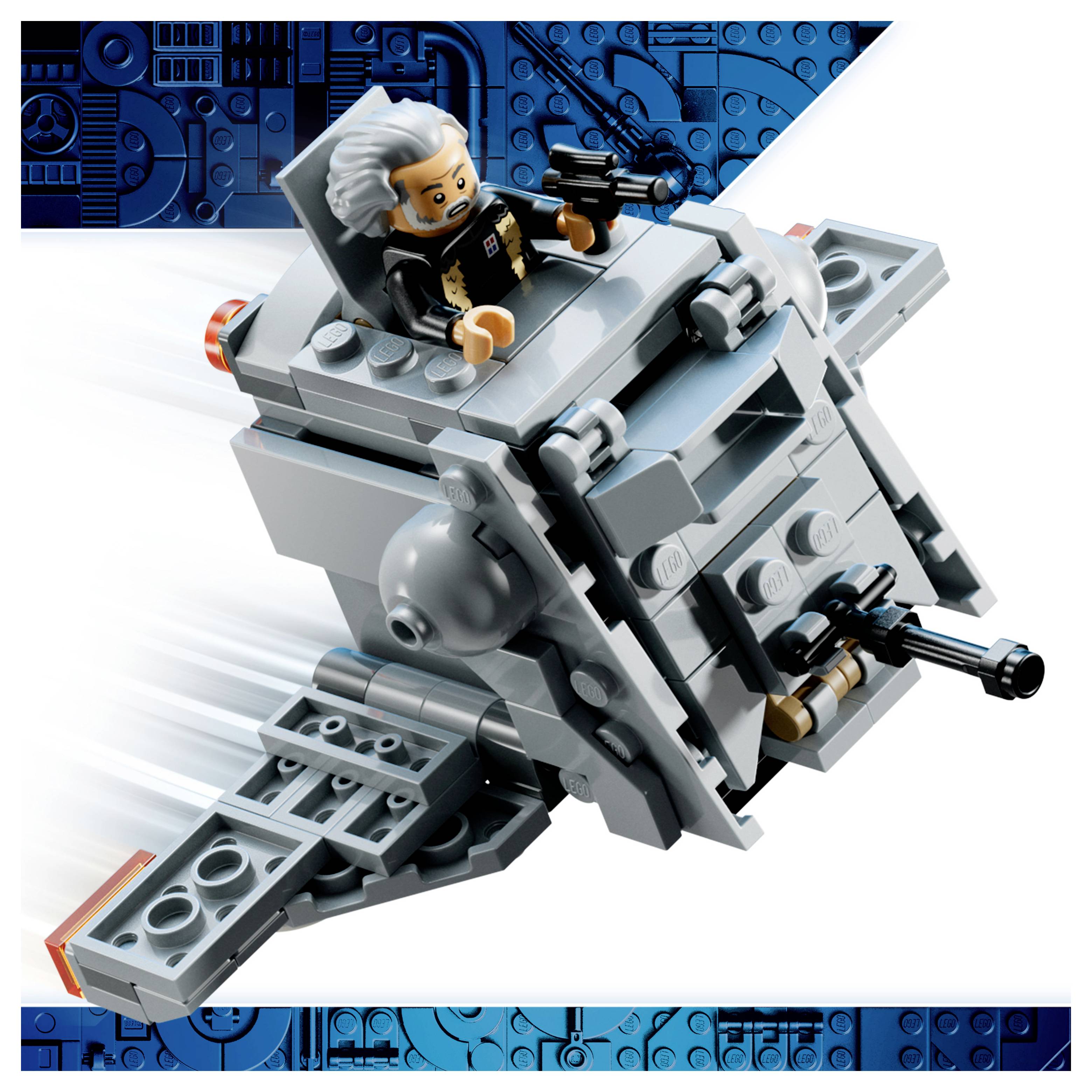 LEGO-ähnliches Sci-Fi-Fahrzeug, das sich in der Luft dreht, mit einer Minifigur-Pilotin und montierten Kanonen, vor einem blauen Tech-Muster-Hintergrund.