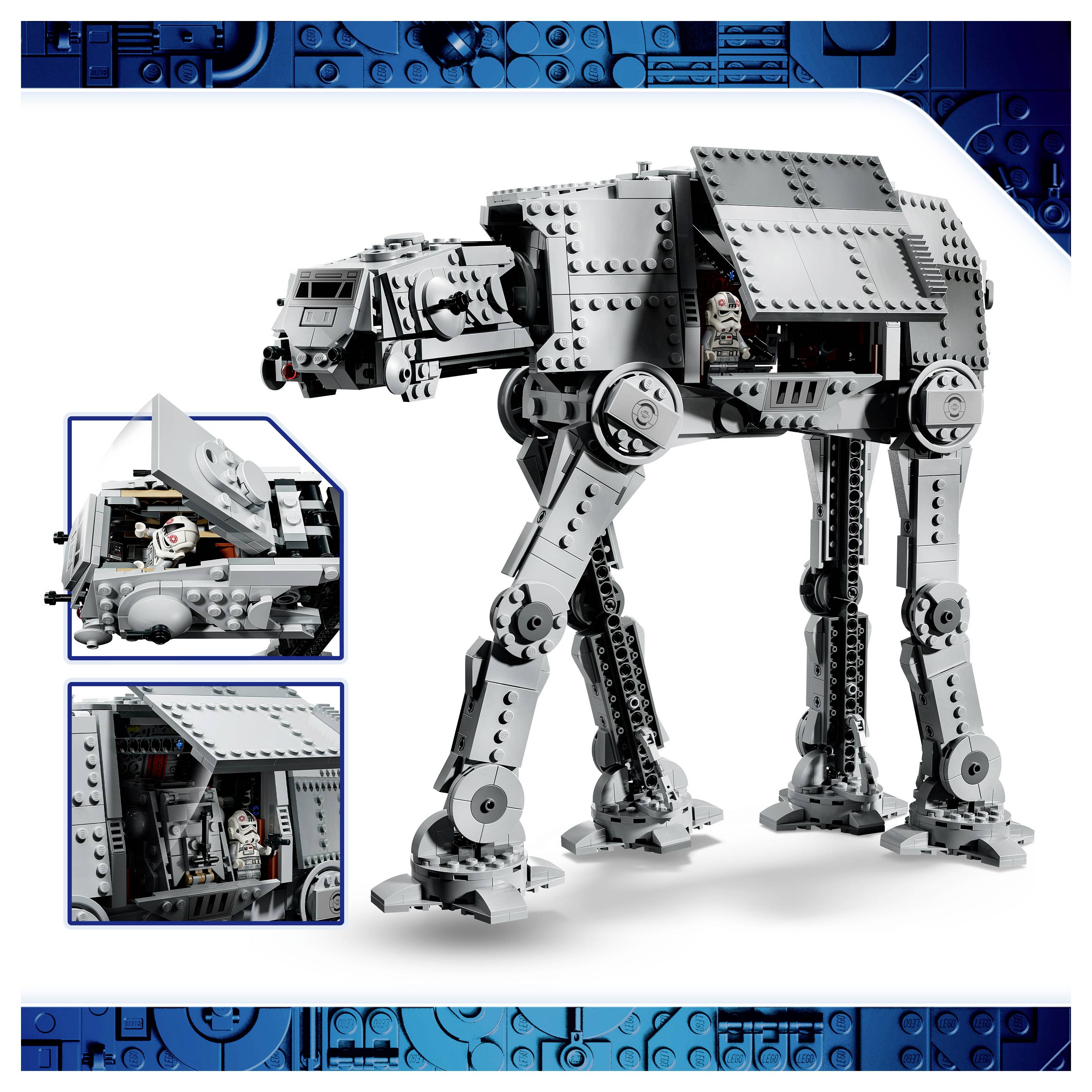 LEGO Star Wars AT-AT Walker-Modell mit detailliertem Cockpit und öffnendem Seitenpanel, gezeigt mit zwei eingefügten Nahaufnahmen des Innenraums und der Luke