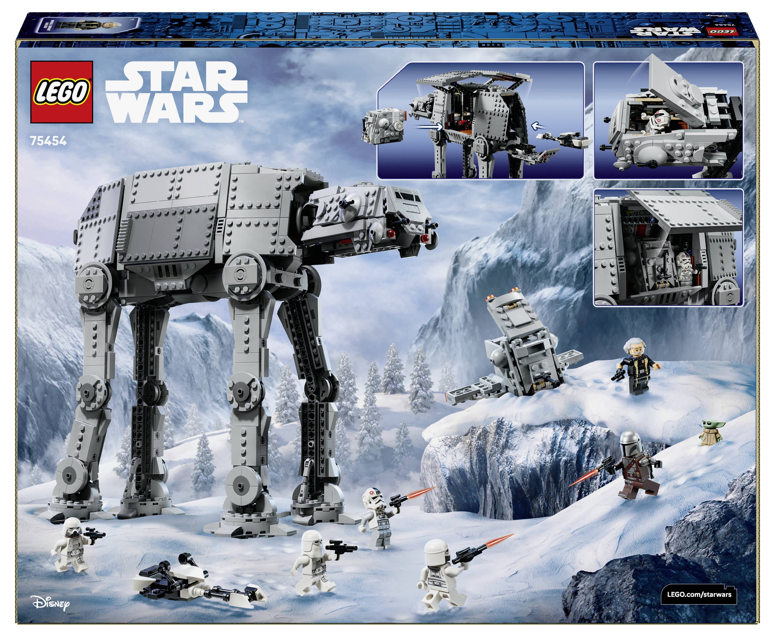 LEGO Star Wars Kartonkunstwerk, das einen AT-AT-Walker in einer verschneiten Schlacht mit Minifiguren und Rebellenfahrzeugen zeigt, Set 75455.