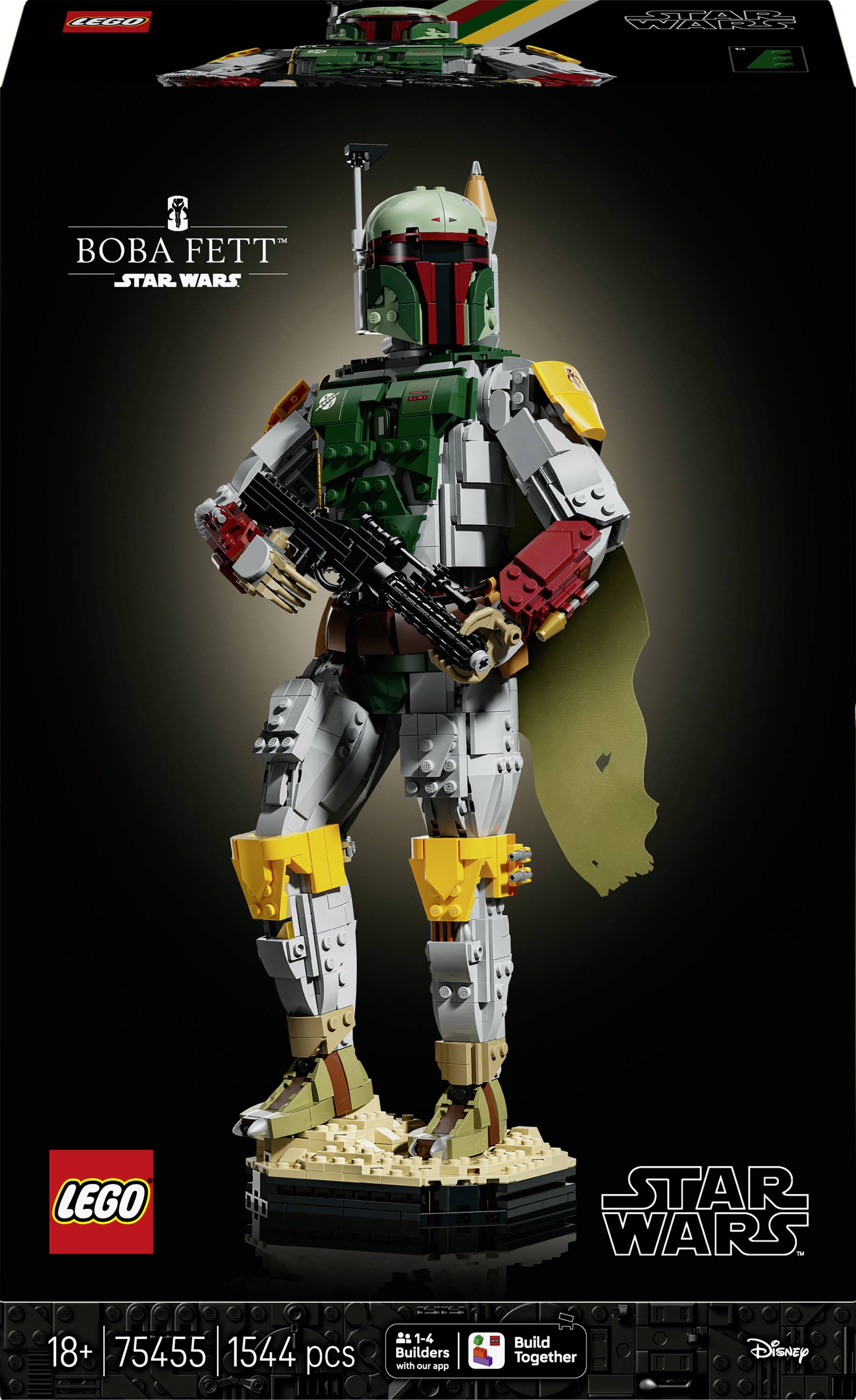 LEGO Star Wars Boba Fett Setbox-Kunst zeigt eine aus Steinen gebaute Boba Fett-Figur auf einem Displayständer, mit Set-Details 75455, 1544 Teile und Altersangabe 18+.
