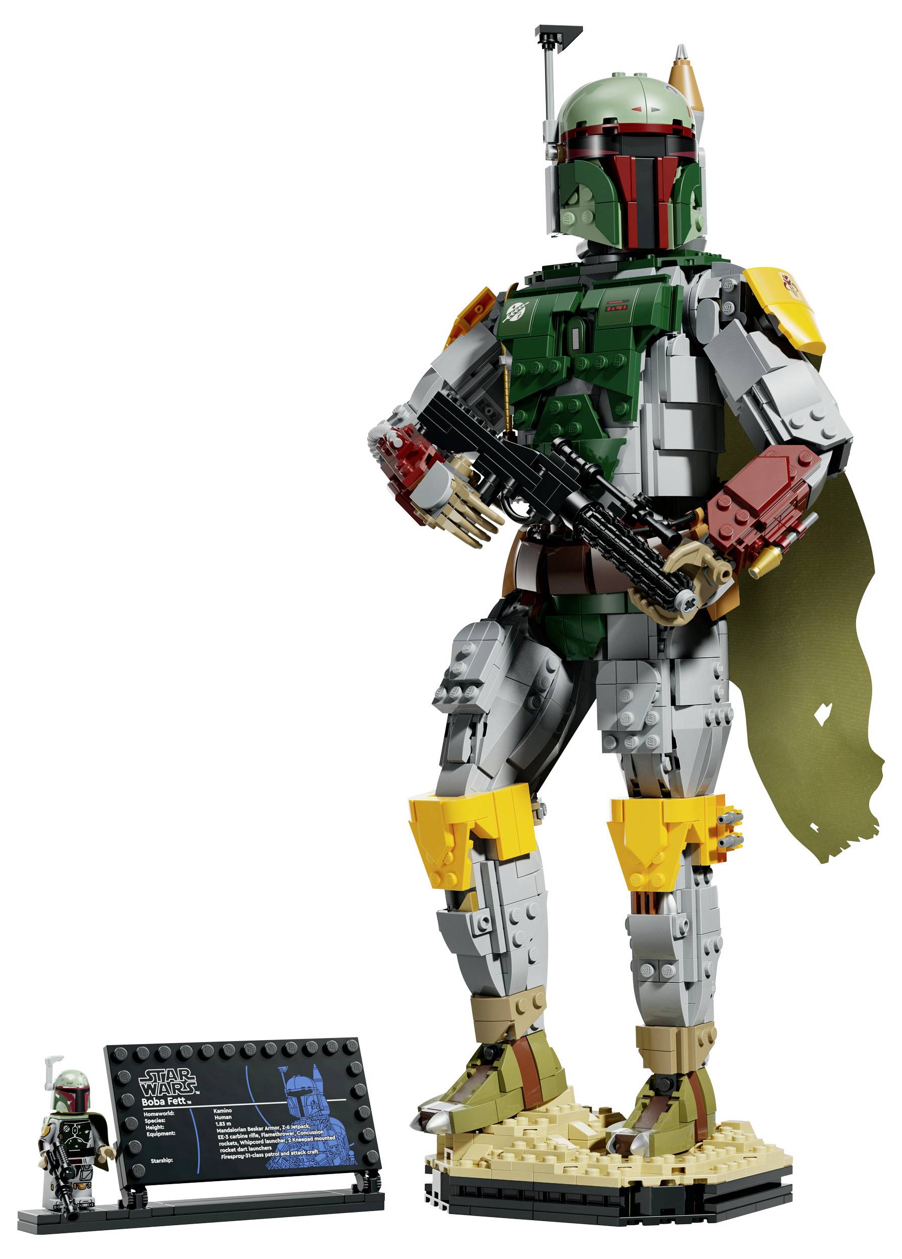 LEGO Boba-Fett-Figur steht mit einem Blaster auf einem Displayständer, mit einer kleinen Minifigur und einem Namensschild daneben.