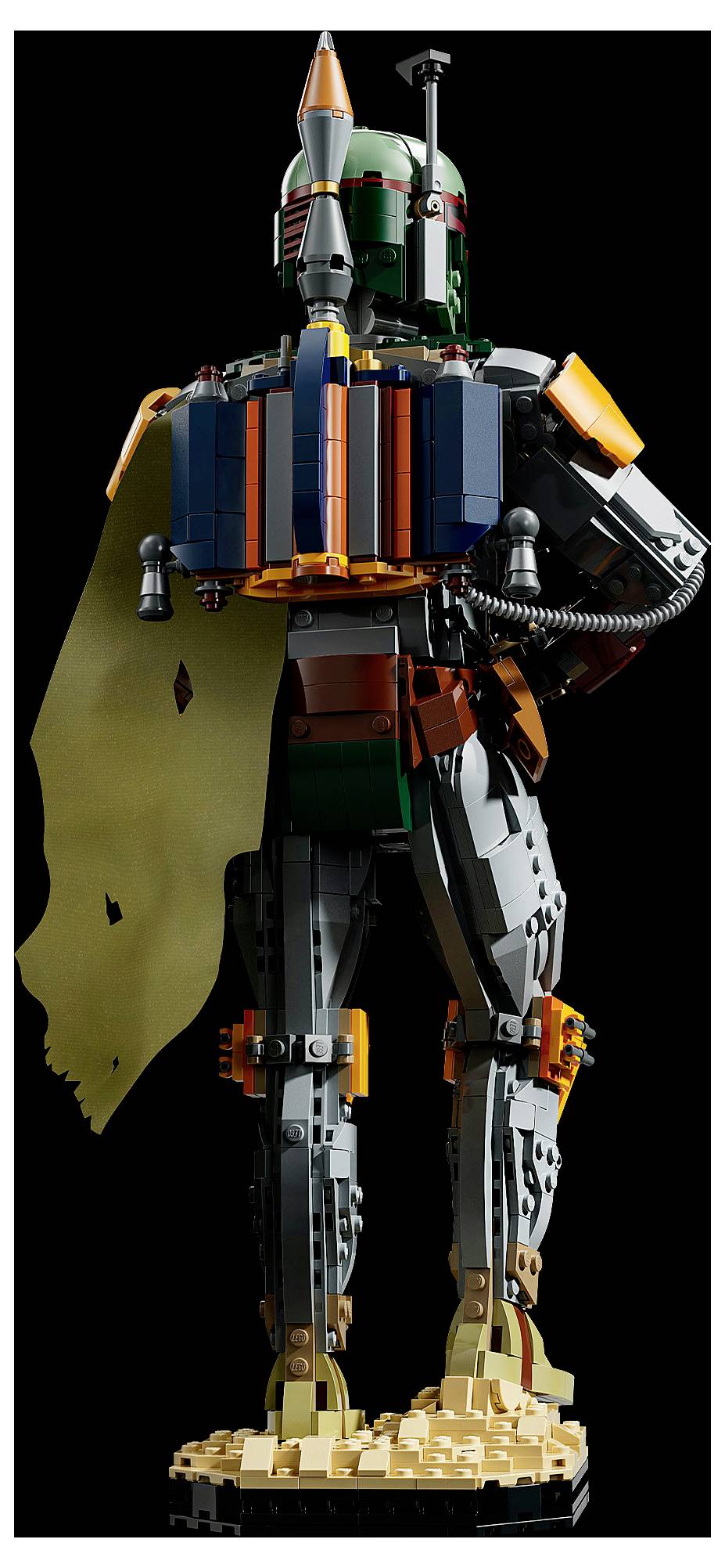 LEGO-ähnliche Boba-Fett-Figur von hinten betrachtet, stehend auf einer sandigen Basis mit Jetpack, Rüstung und großem gelbem Umhang vor schwarzem Hintergrund.