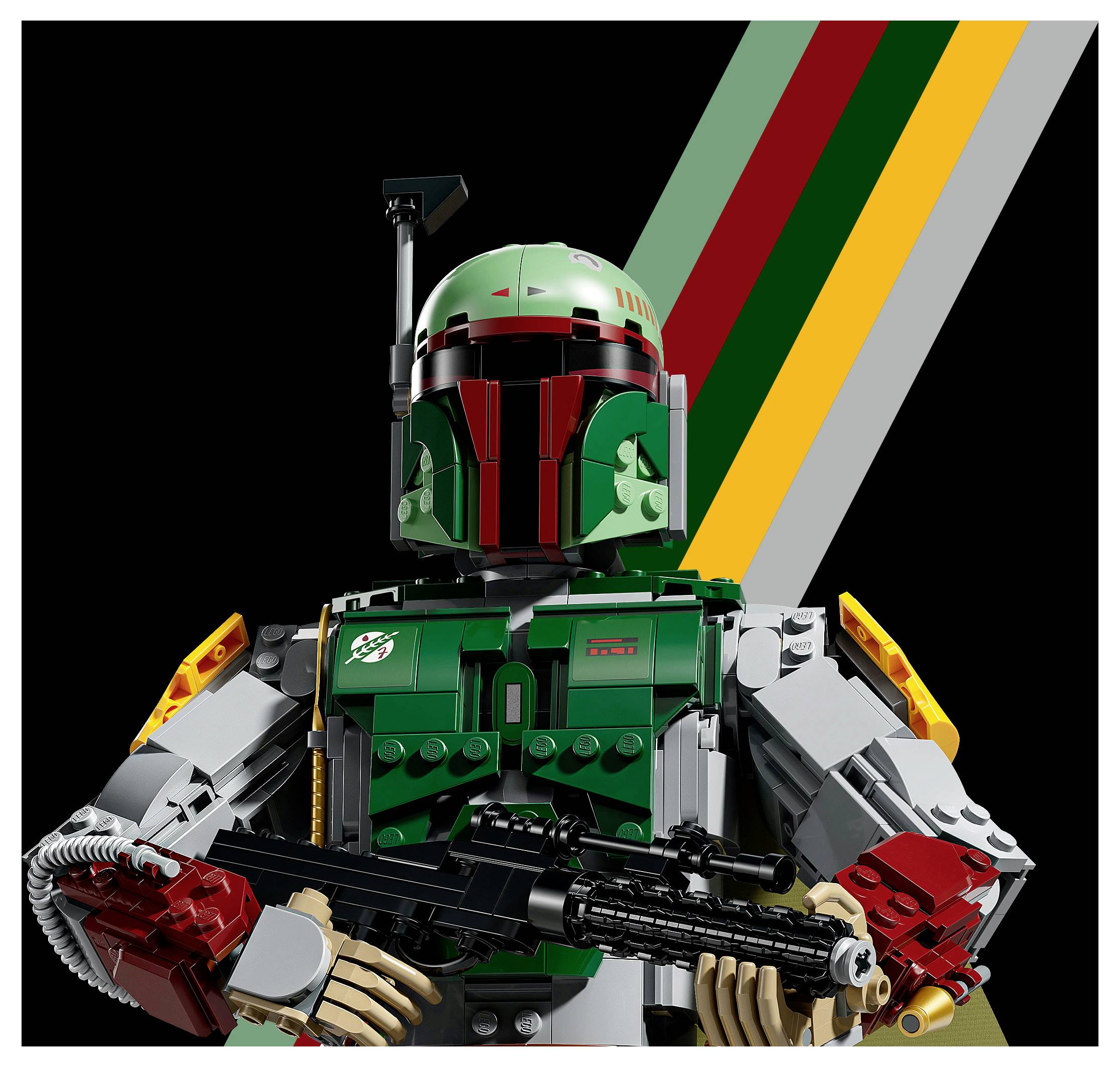 LEGO Boba Fett Minifigur, die ein Blastergewehr hält, vor schwarzem Hintergrund mit diagonalen roten, gelben, weißen und grünen Streifen positioniert.