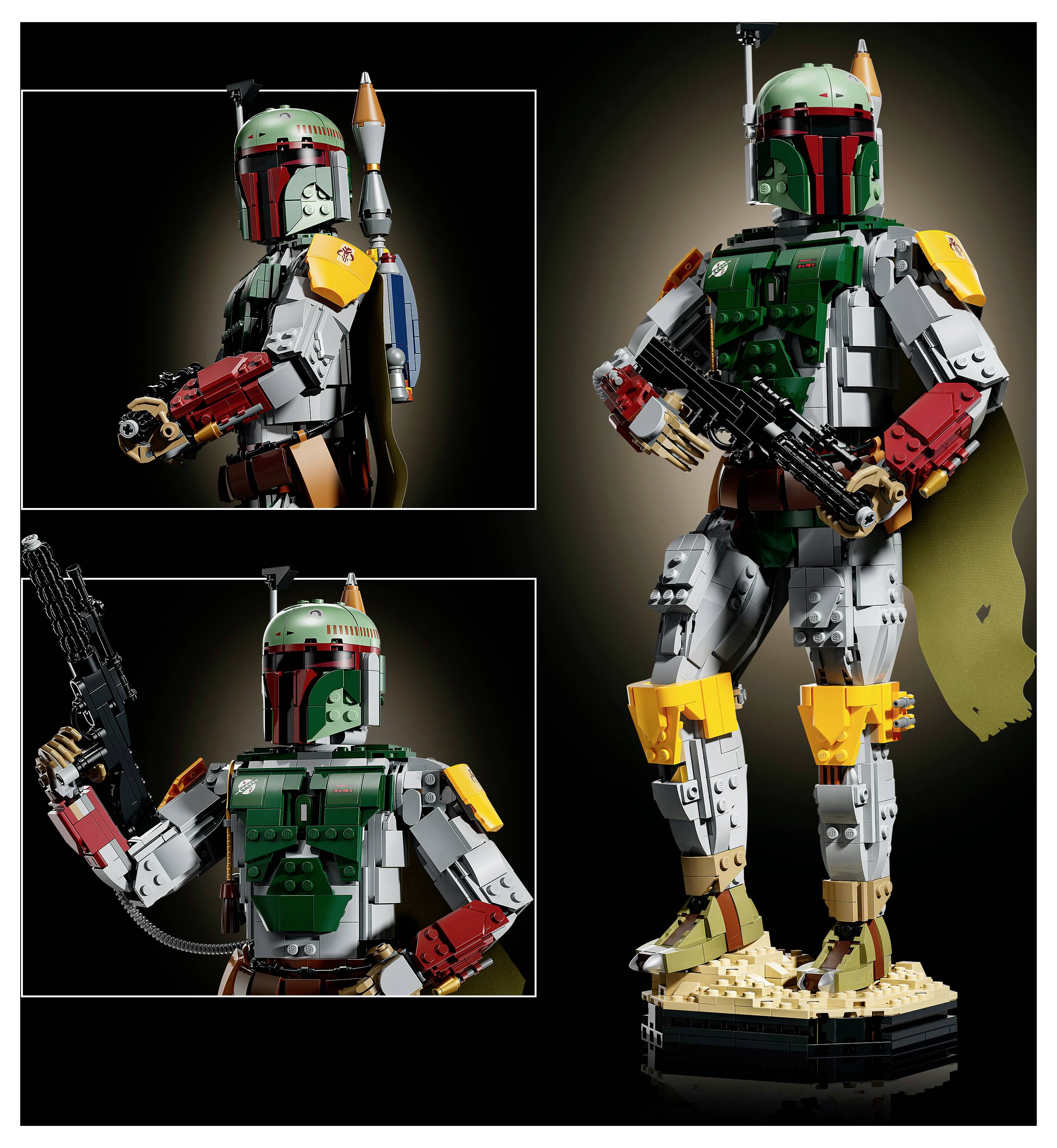 Lego-ähnliche Boba-Fett-Figur in drei Ansichten: zwei Nahaufnahmen auf der linken Seite und eine Ganzkörperpose mit einem Blaster auf der rechten Seite.