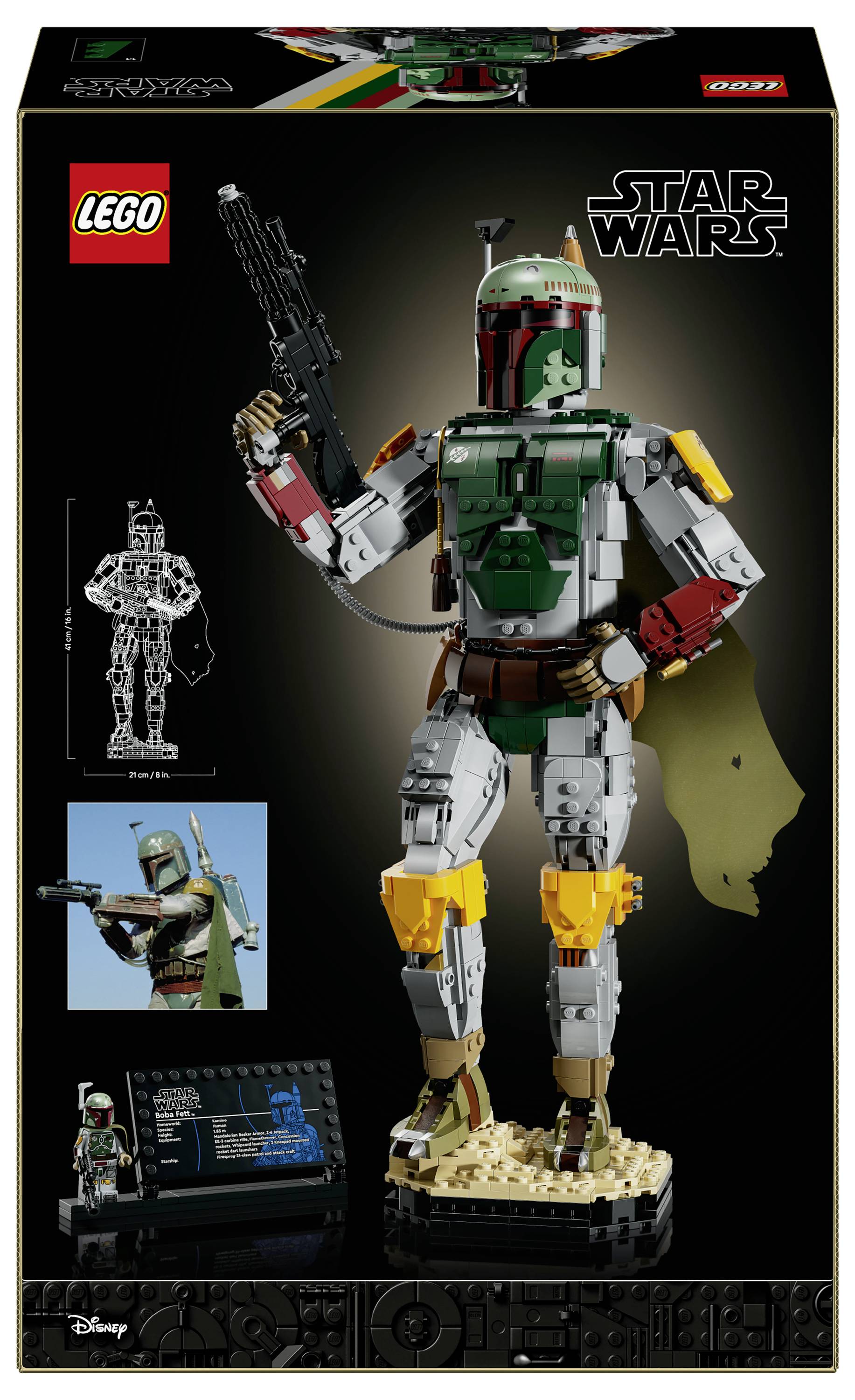 LEGO Star Wars Boba Fett Setschachtel zeigt eine große baubare Boba Fett-Figur mit Blaster und kleine eingefügte Bilder des Modells und einer Infotafel.