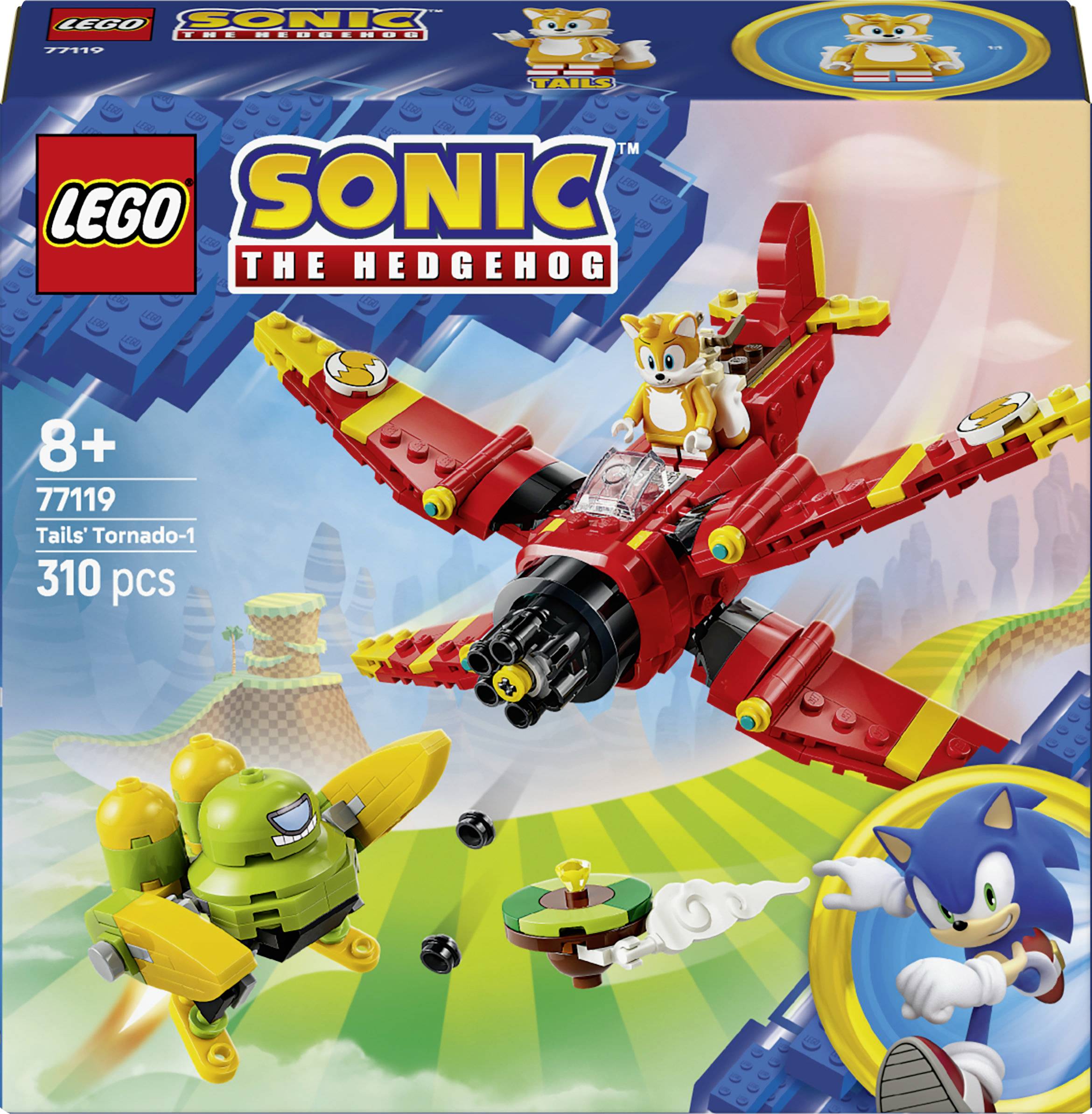 LEGO Sonic der Igel Tails' Tornado-Flugzeug-Set Schachtelgrafik, die Tails in einem roten Flugzeug fliegend und Sonic darunter zeigt; 310 Teile, ab 8 Jahren.