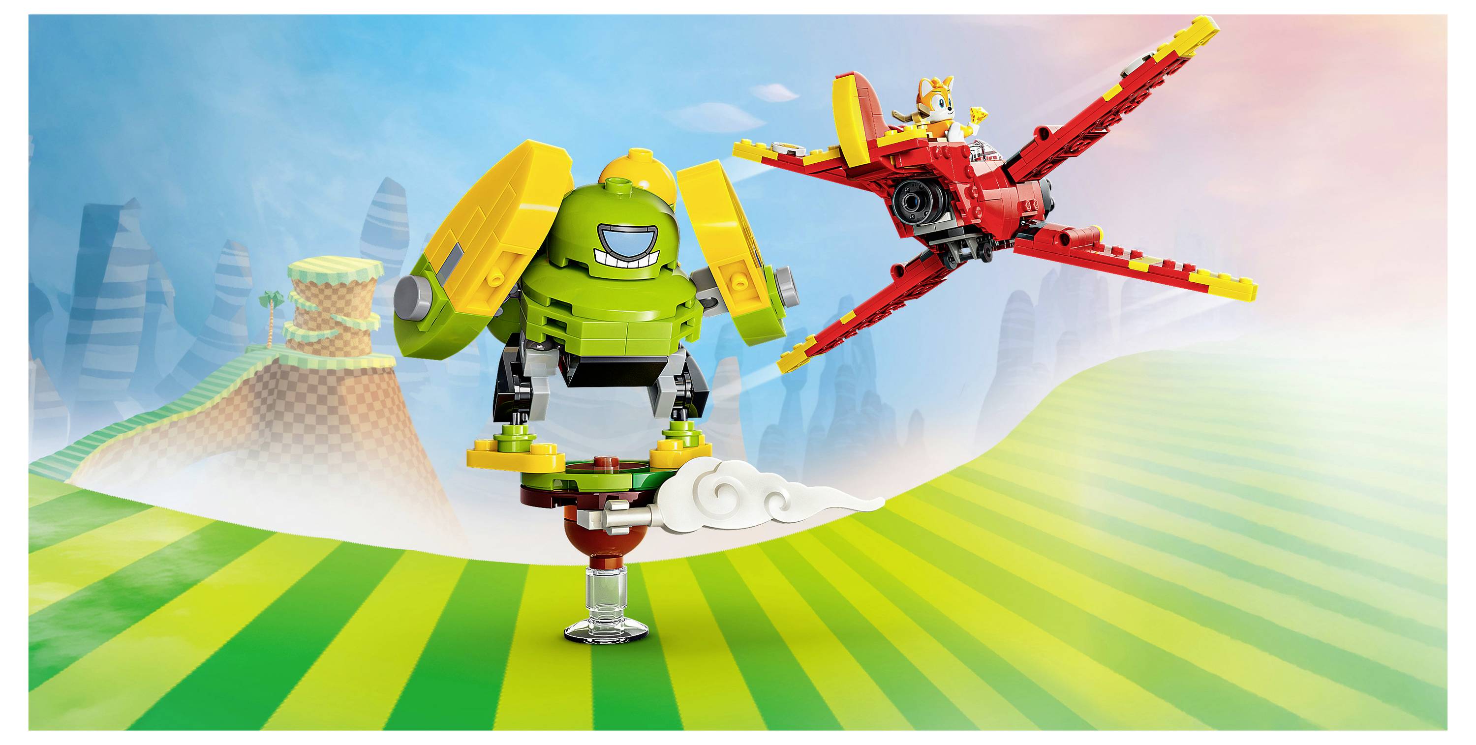 LEGO-ähnlicher grüner Roboter, der auf einem Fuß balanciert, während ein roter Vogel neben ihm über eine gestreiftes grüne Landschaft mit Wolken und Bergen fliegt.