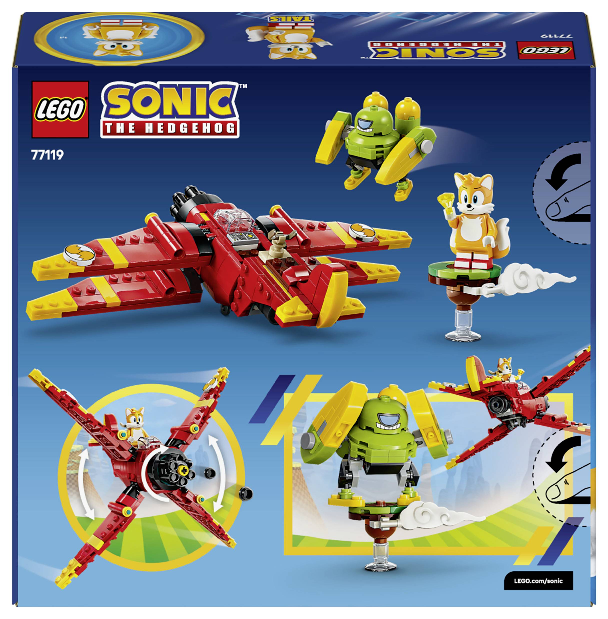 LEGO Sonic the Hedgehog Set-Box mit einem roten und gelben Flugzeug, Tails und einer grünen Roboterfigur mit Spielfunktionen und Baubildern.