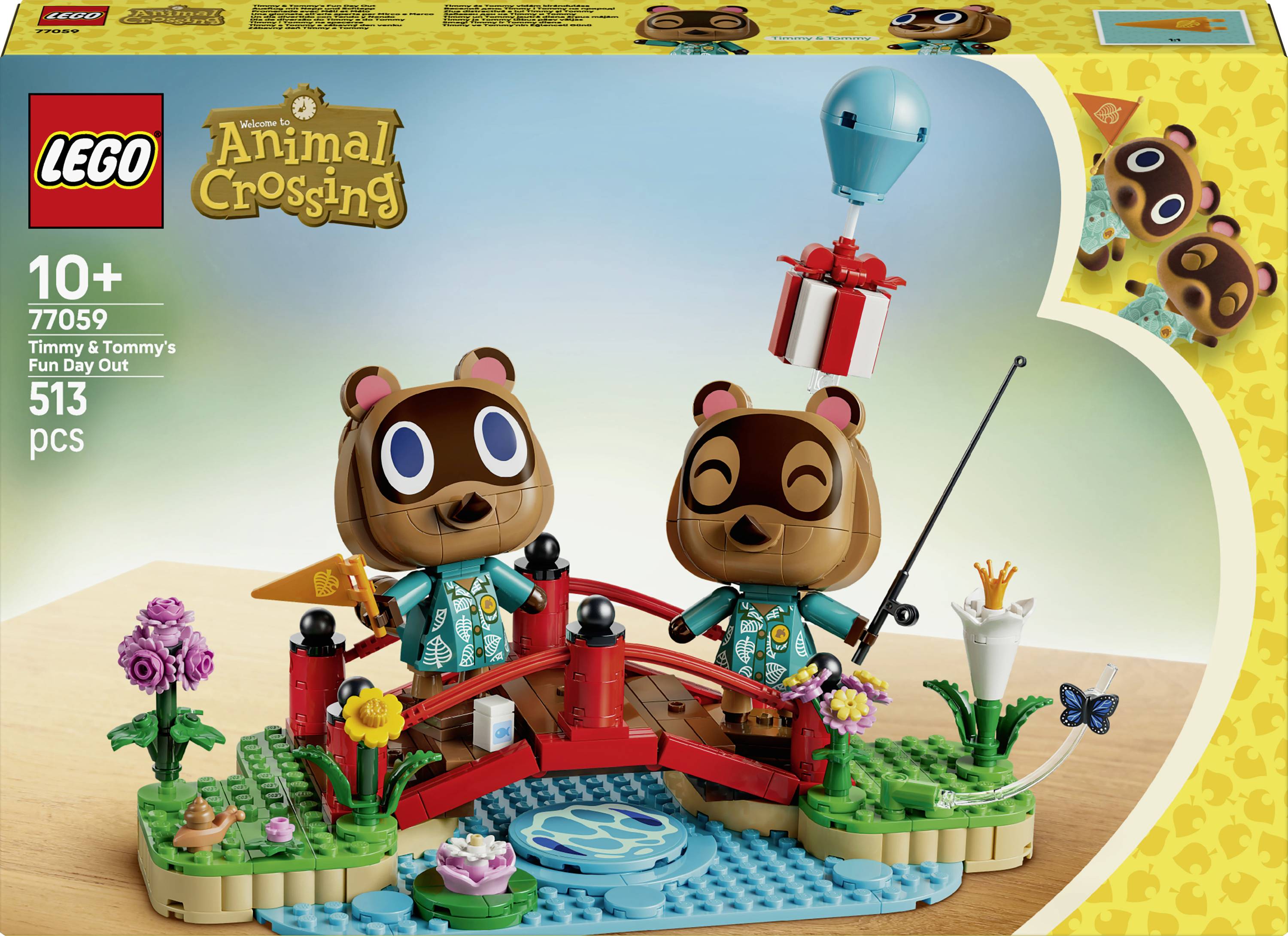 LEGO Animal Crossing Schachtelbild für 'Timmy and Tommy's Nook's Cranny', ab 10 Jahren, 77050, 513 Teile, zeigt zwei Tier-Minifiguren auf einer roten Brücke mit einem Ballongeschenk.
