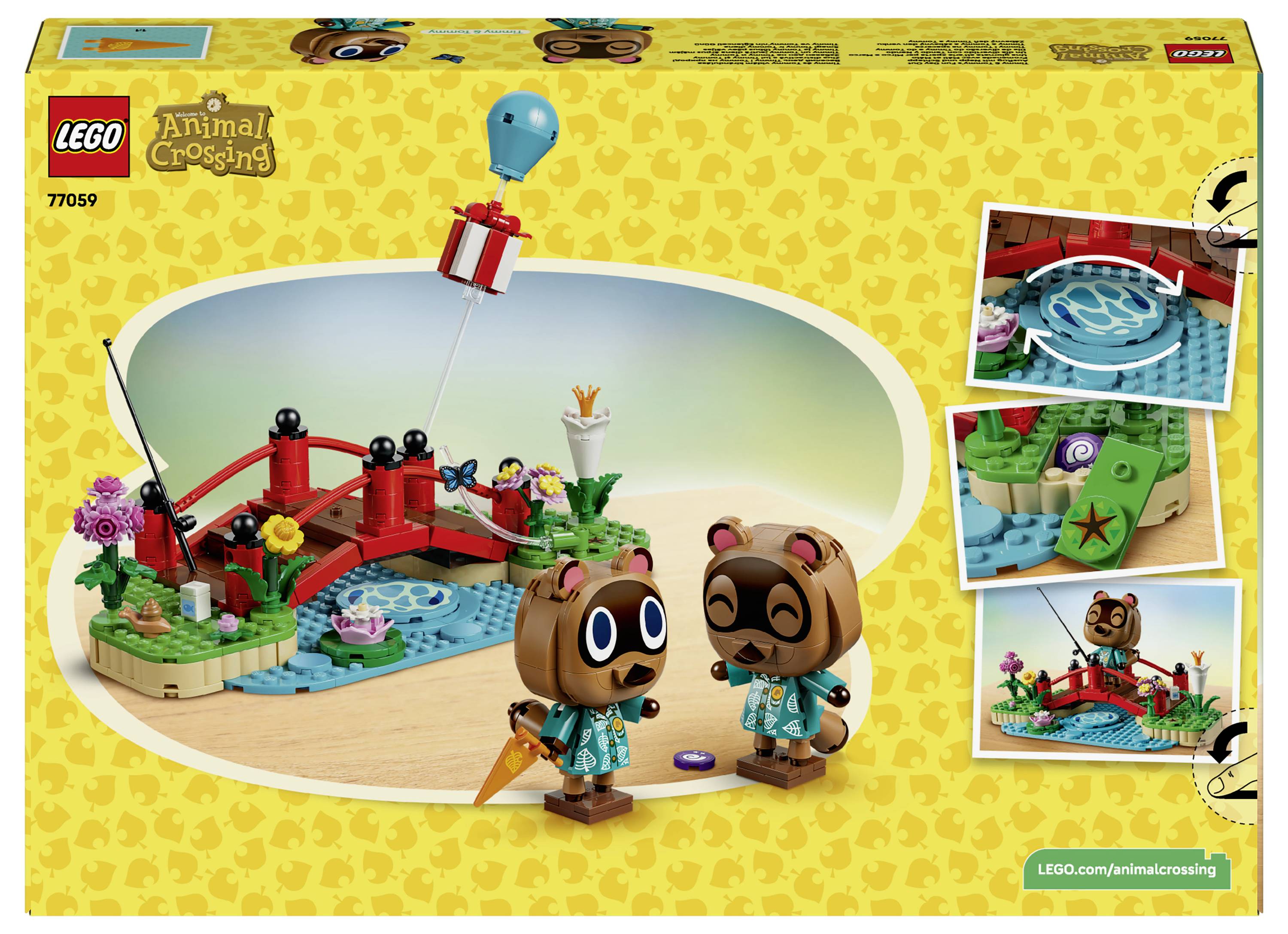 LEGO Animal Crossing Set 77059 Schachtelkunst zeigt zwei Tanuki-Minifiguren neben einer roten Brücke, einem Bach, Blumen und einem Ballongeschenk.