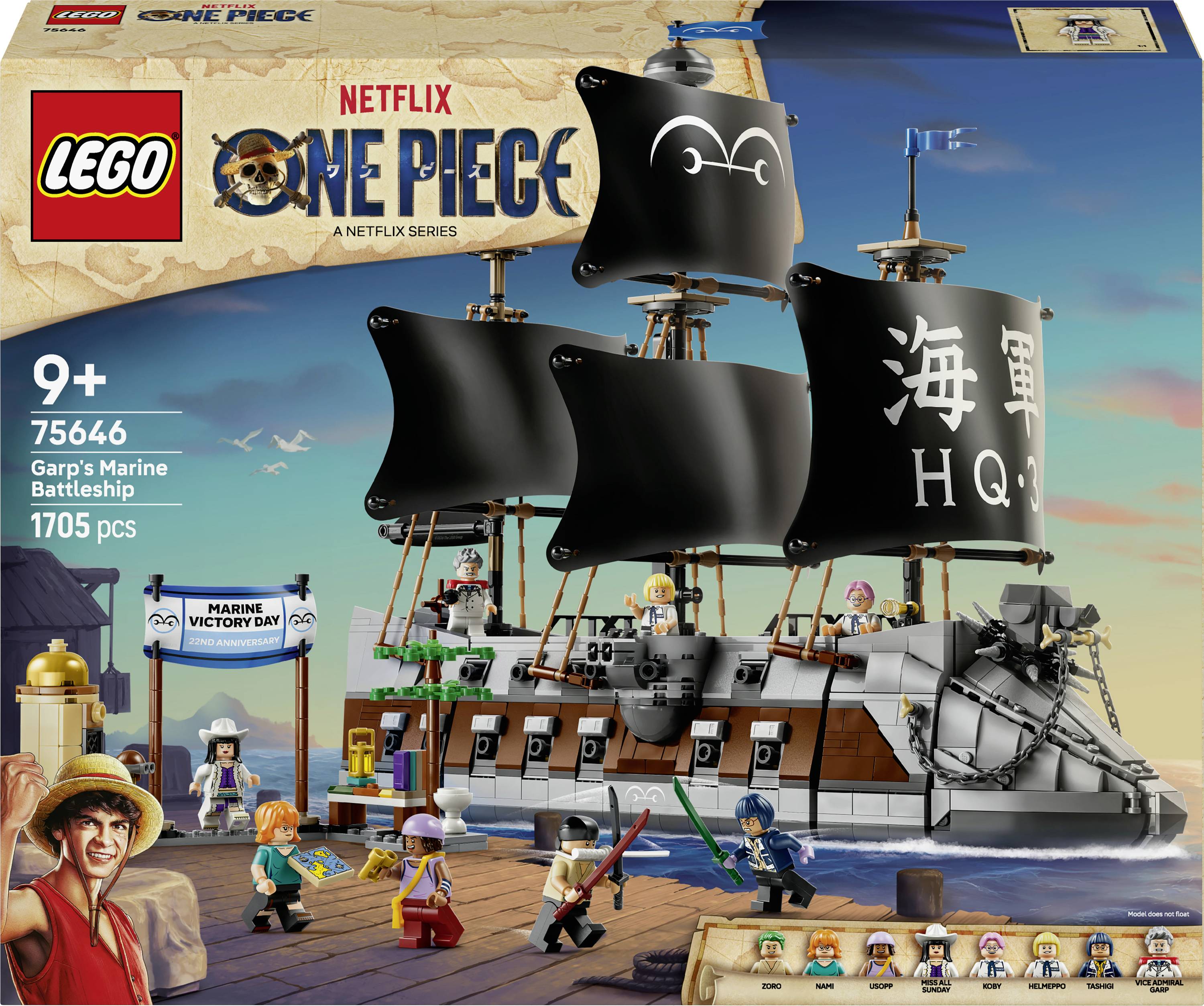 75646 LEGO® ONE PIECE Garps Marineschlachtschiff; Bauset mit 8 Minifiguren für Rollenspiele; Fanartikel zur Netflix-Realverfilmung von ONE PIECE; Ge